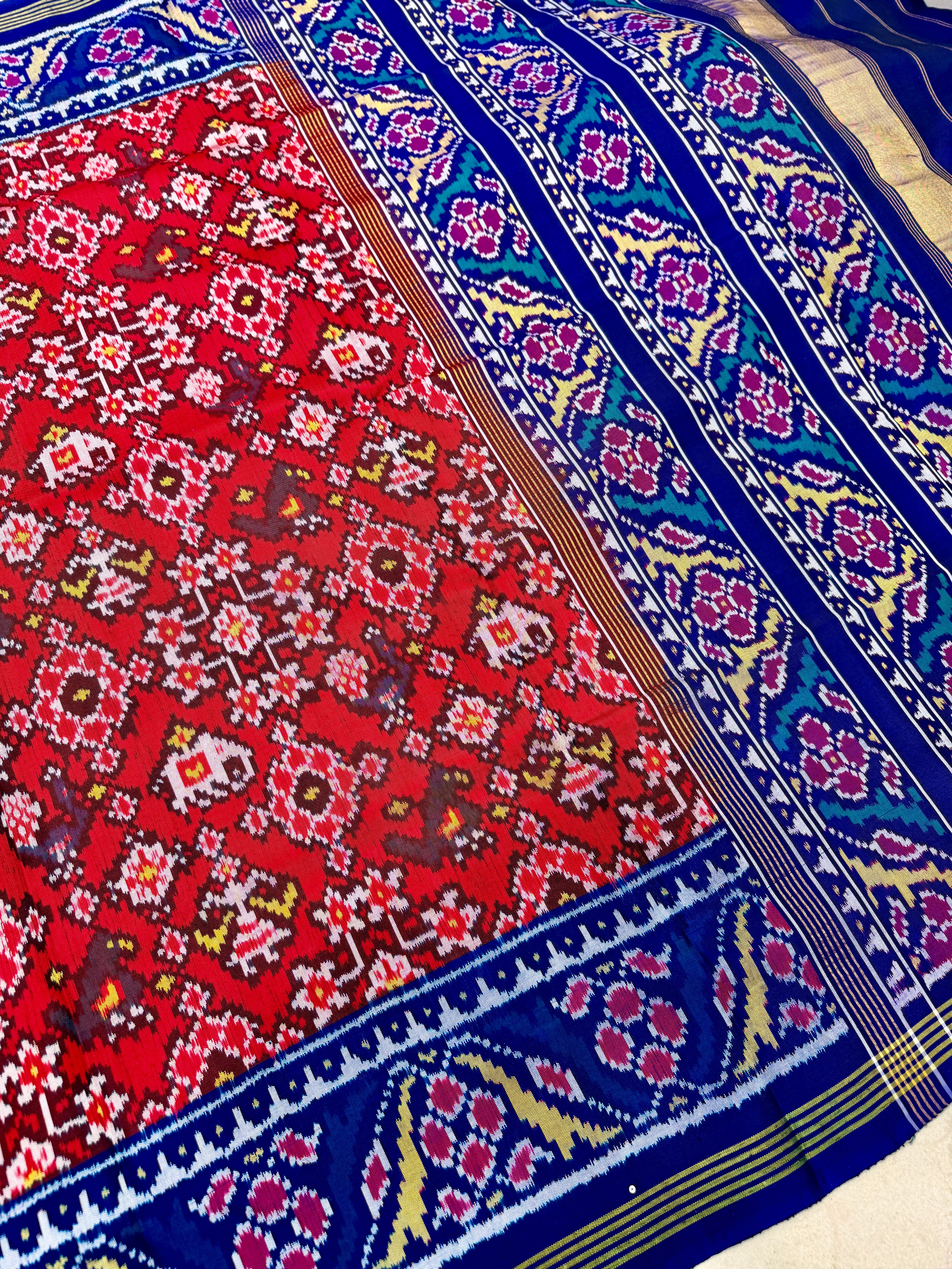 Red Blue Manek Chowk Pure Silk Handloom Patola Saree