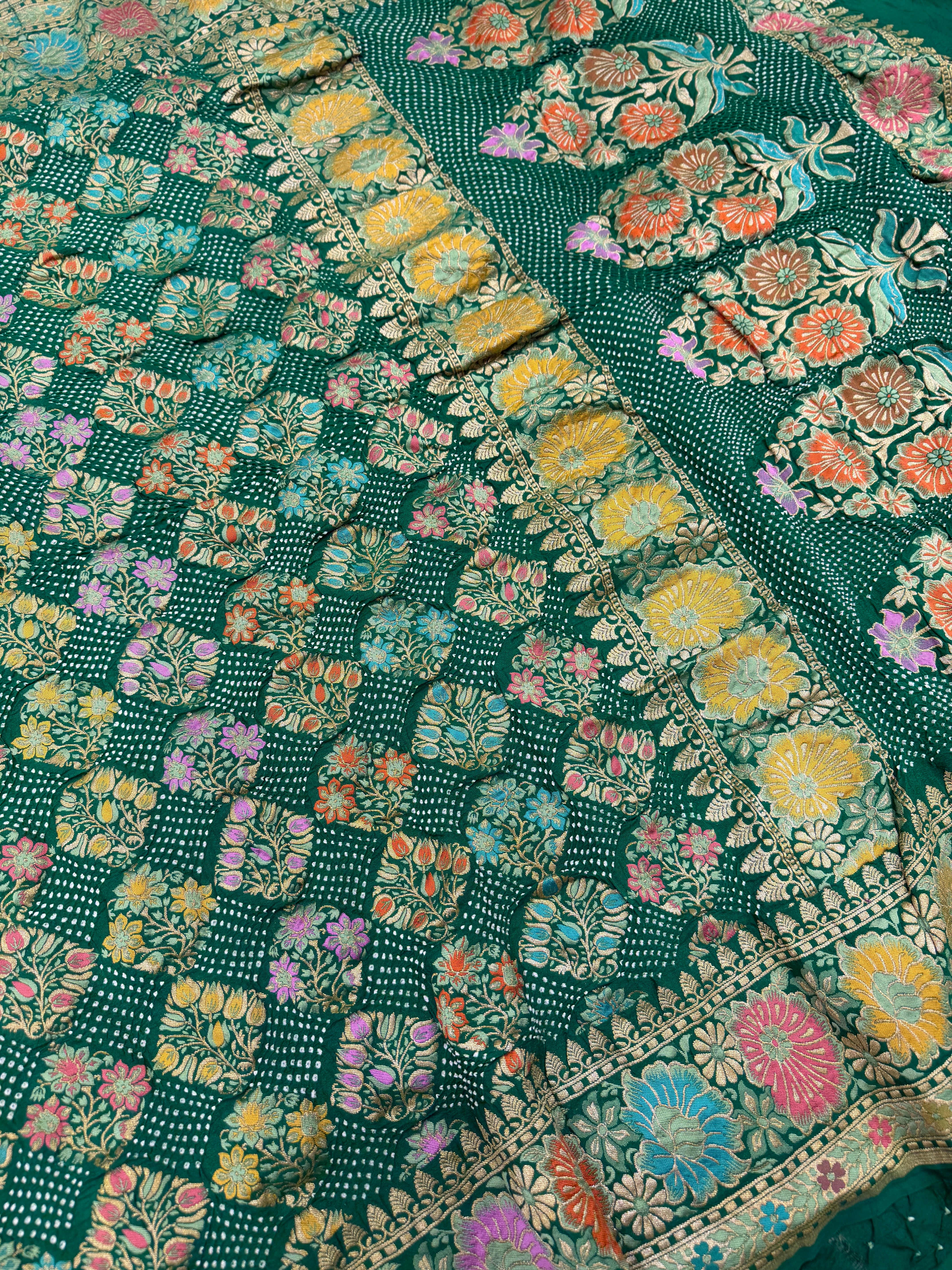 Bottle Green Meenakari Rai Bandhej Floral Butta Saree
