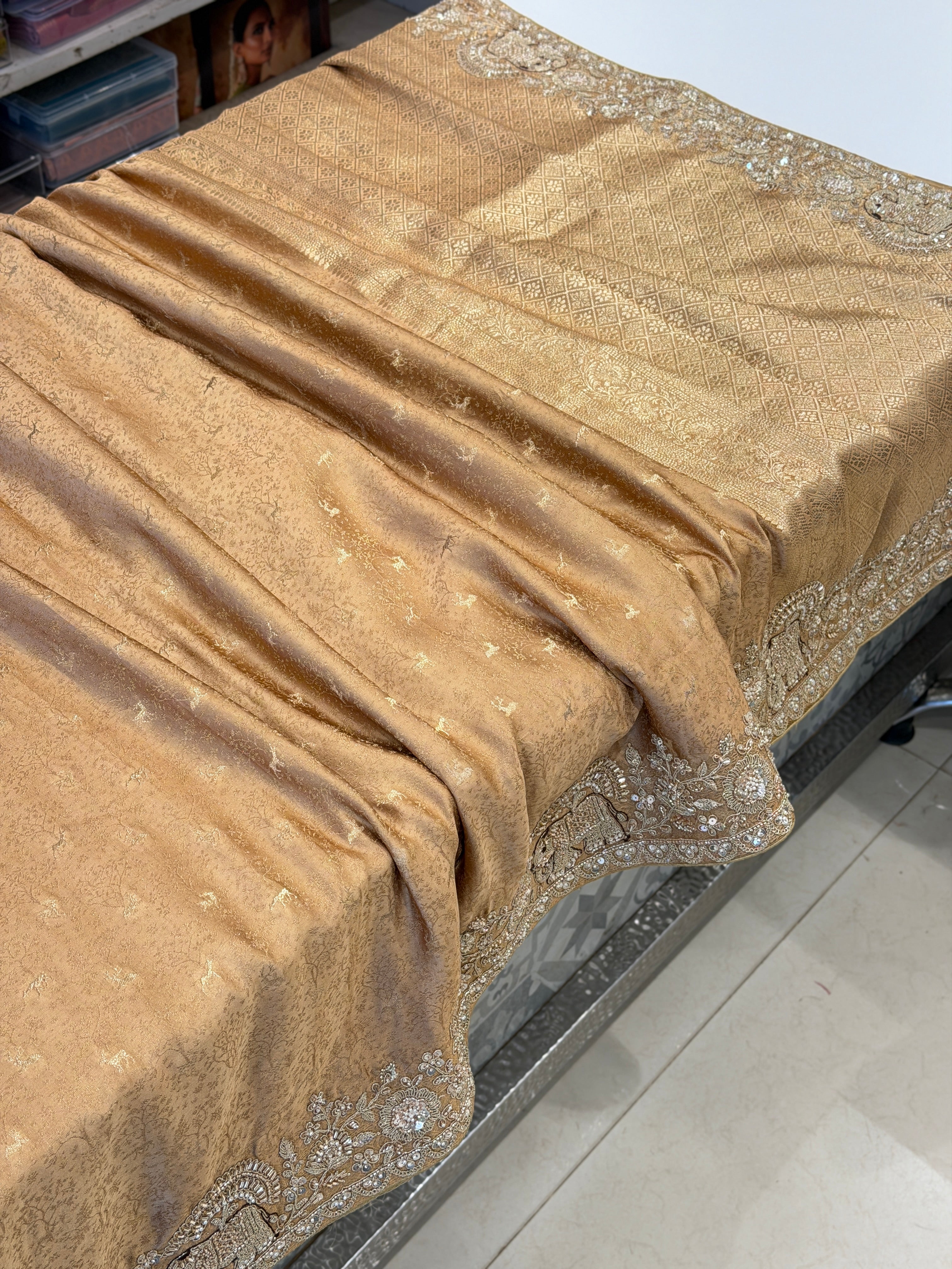 Dark Beige Banarasi Mushru Silk Elephant Motif Embroidery Saree