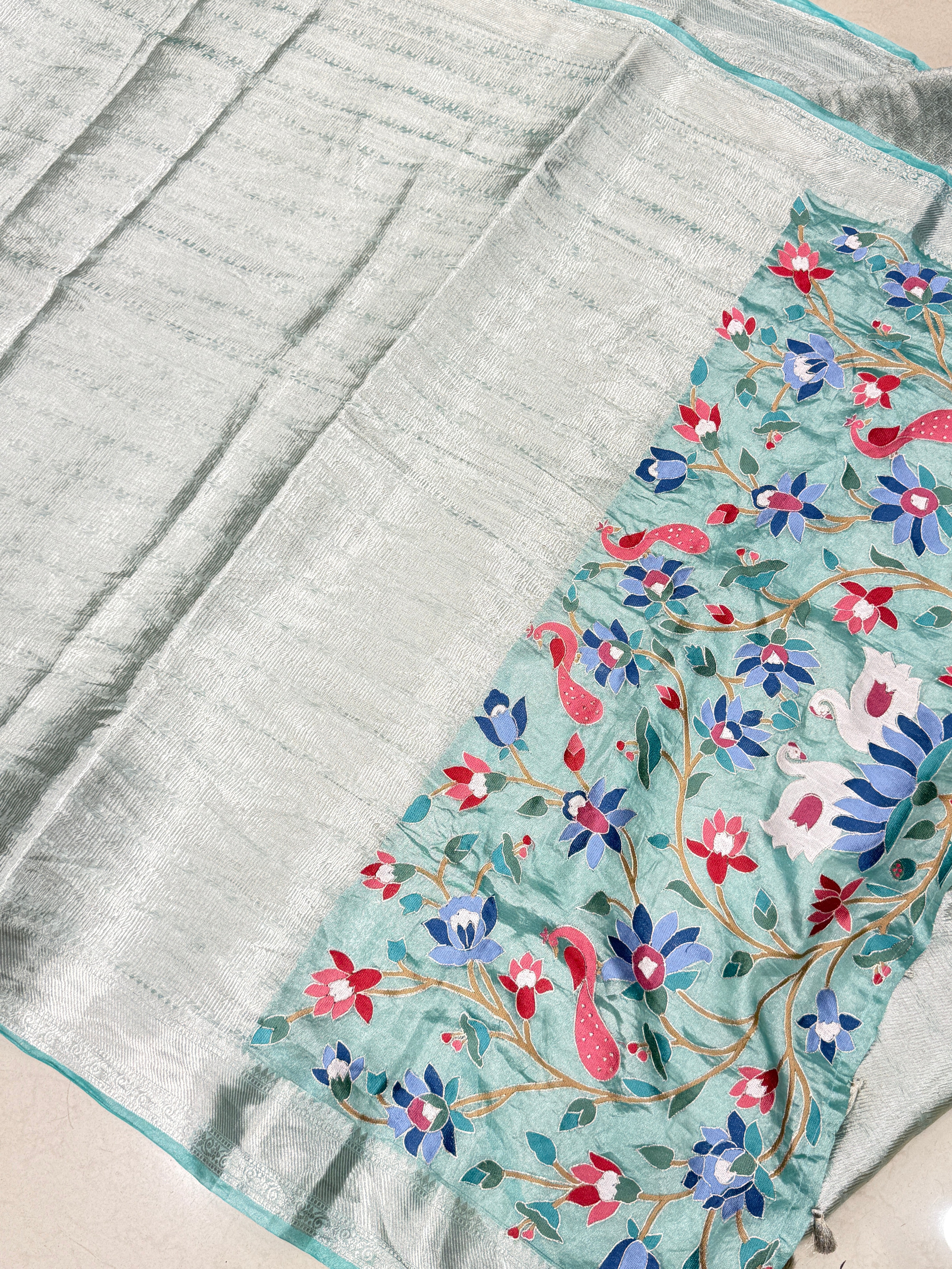Sea Green Handloom Tissue Contemporary Resham Embroidery Saree