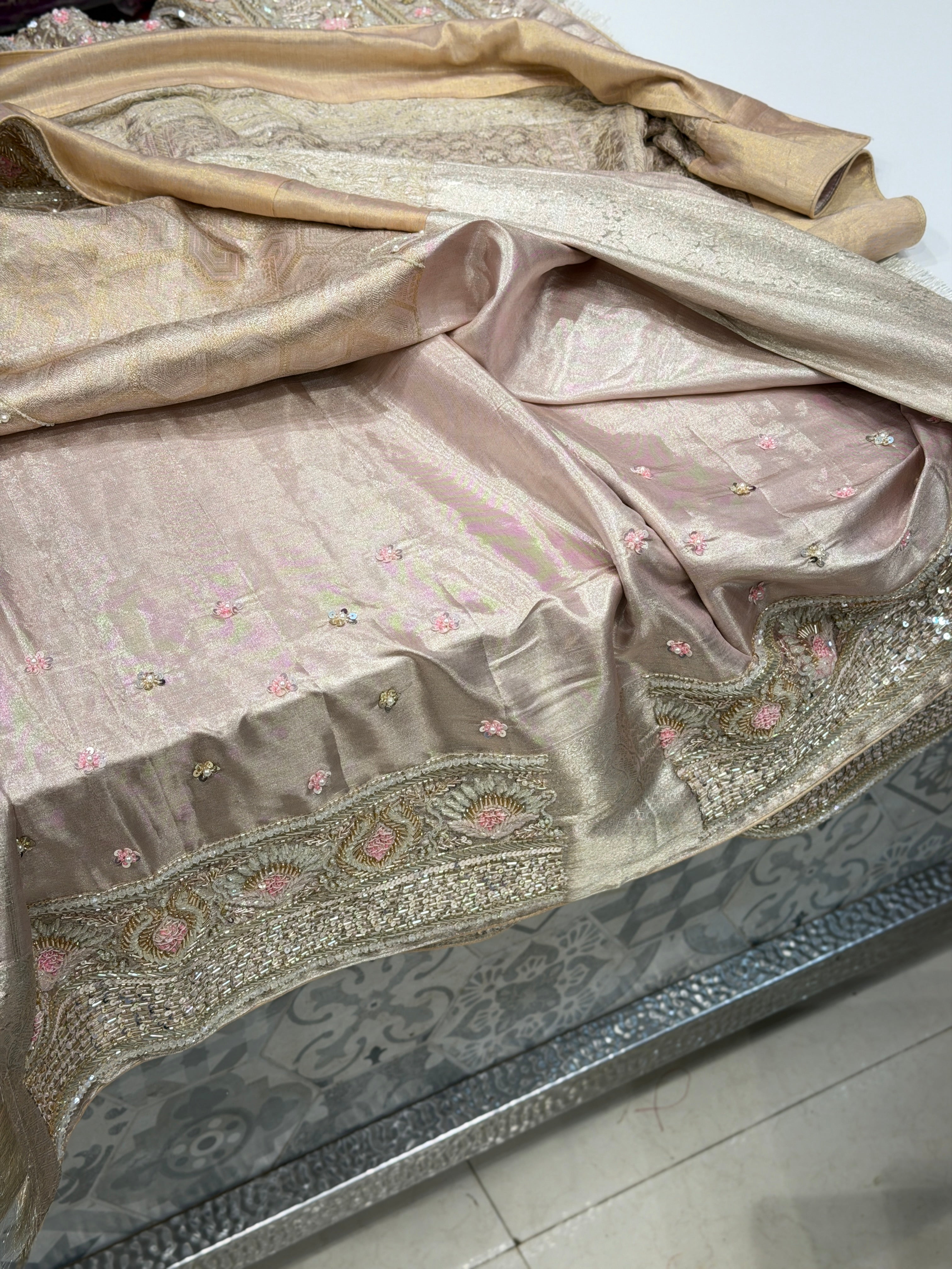 Pink on Silver Zari Handloom Kanjivaram Moti Zardosi Hand Embroidery Saree