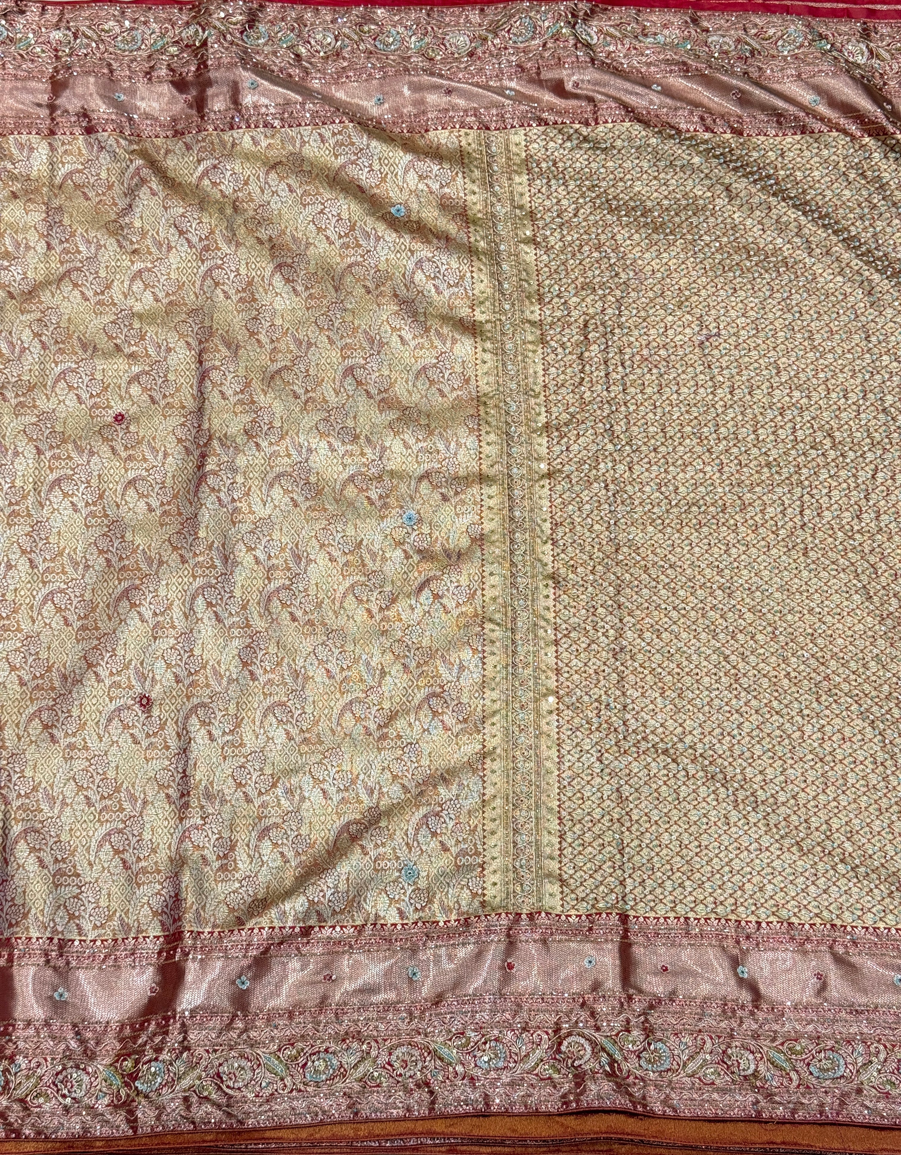 Golden Red Tissue Kanjivaram Hand Embroidery Saree