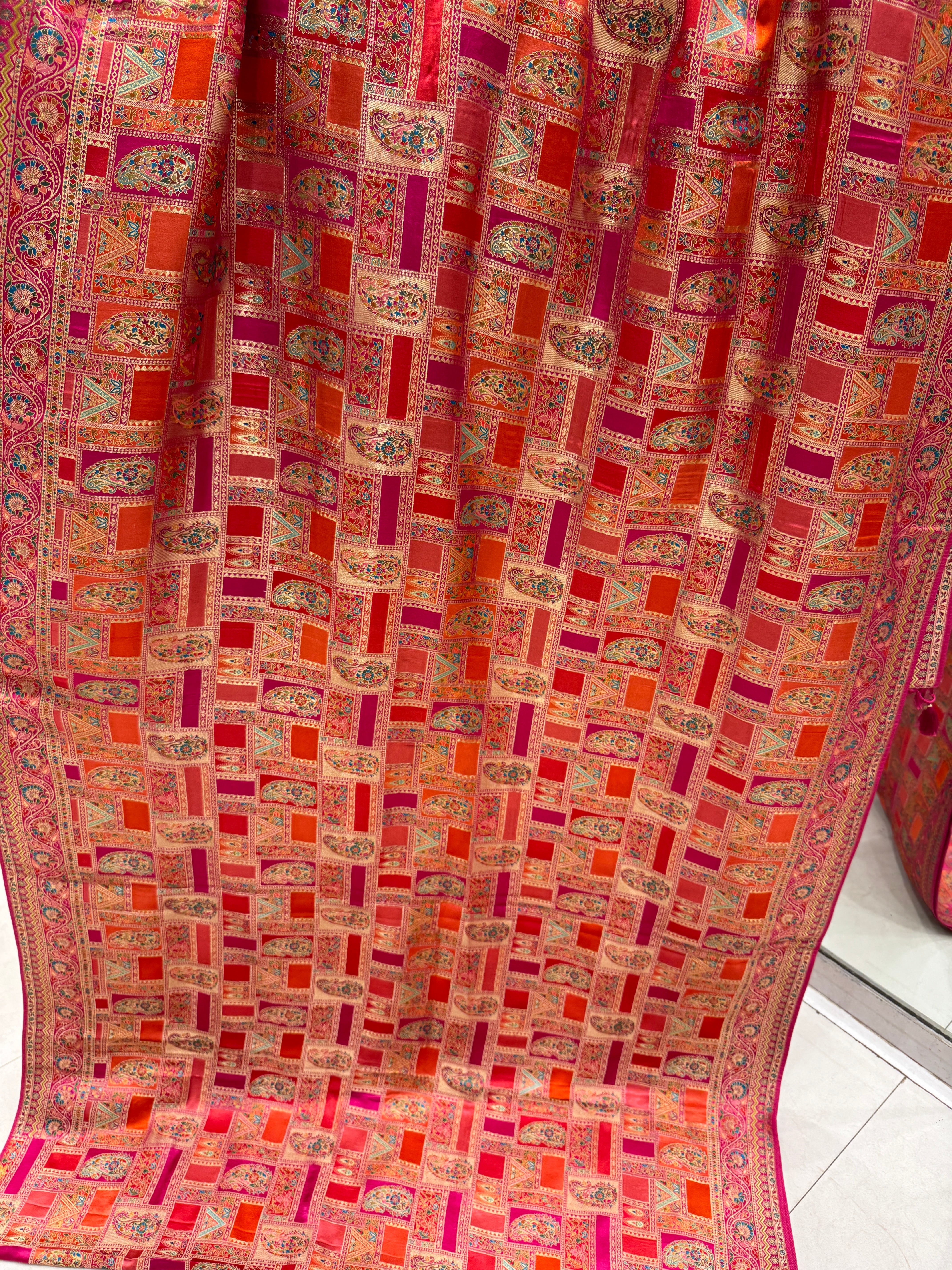 Orange Rani Banarasi Modal Rangkat Satin Checkered Silk Saree