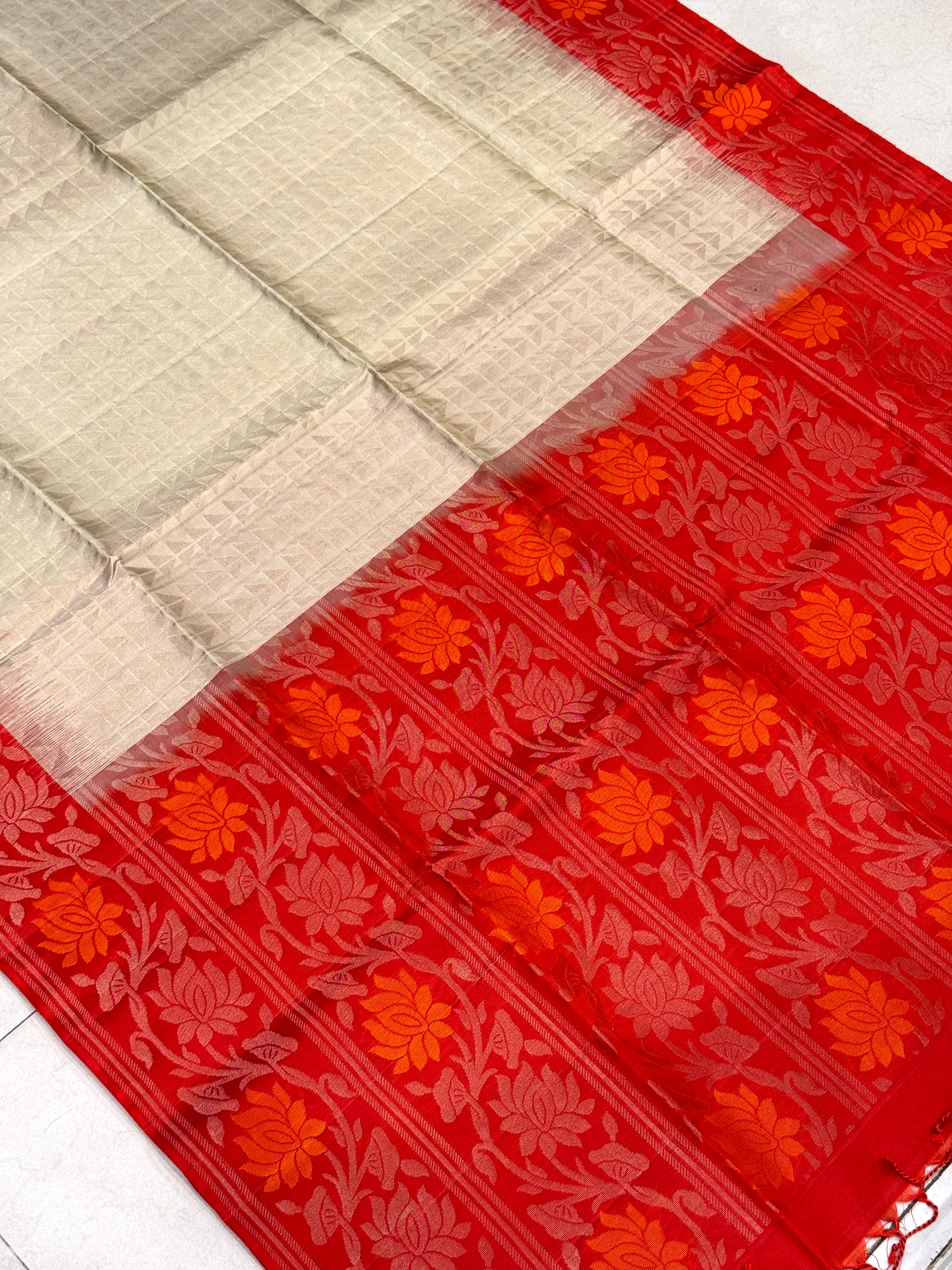 Moti White Red Jaal Pallu Contemporary Handloom Kanchipuram Pure Silk Saree