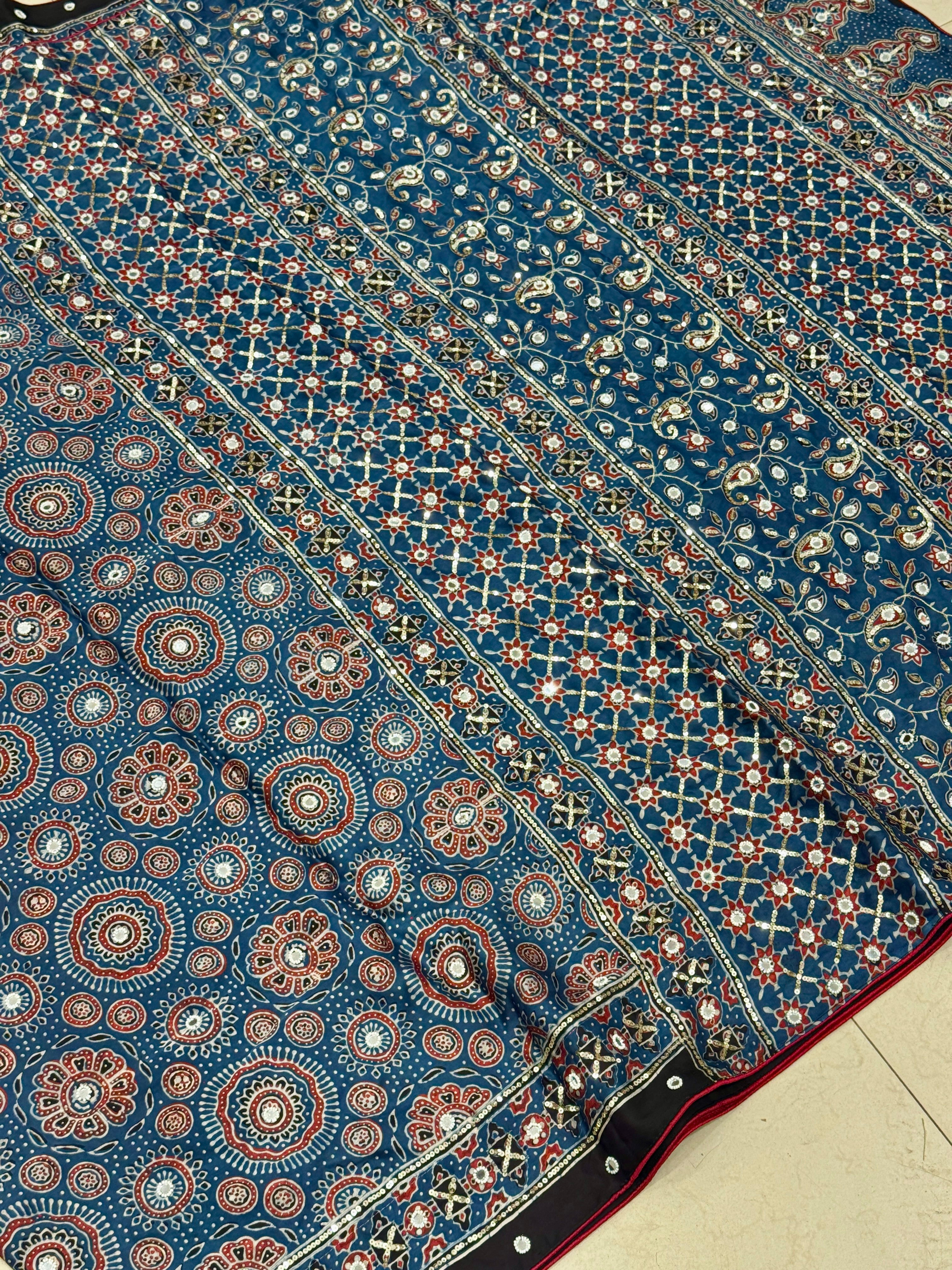Blue Badam Butta Ajrakh Sequin Mirror Moti Hand Embroidery Saree