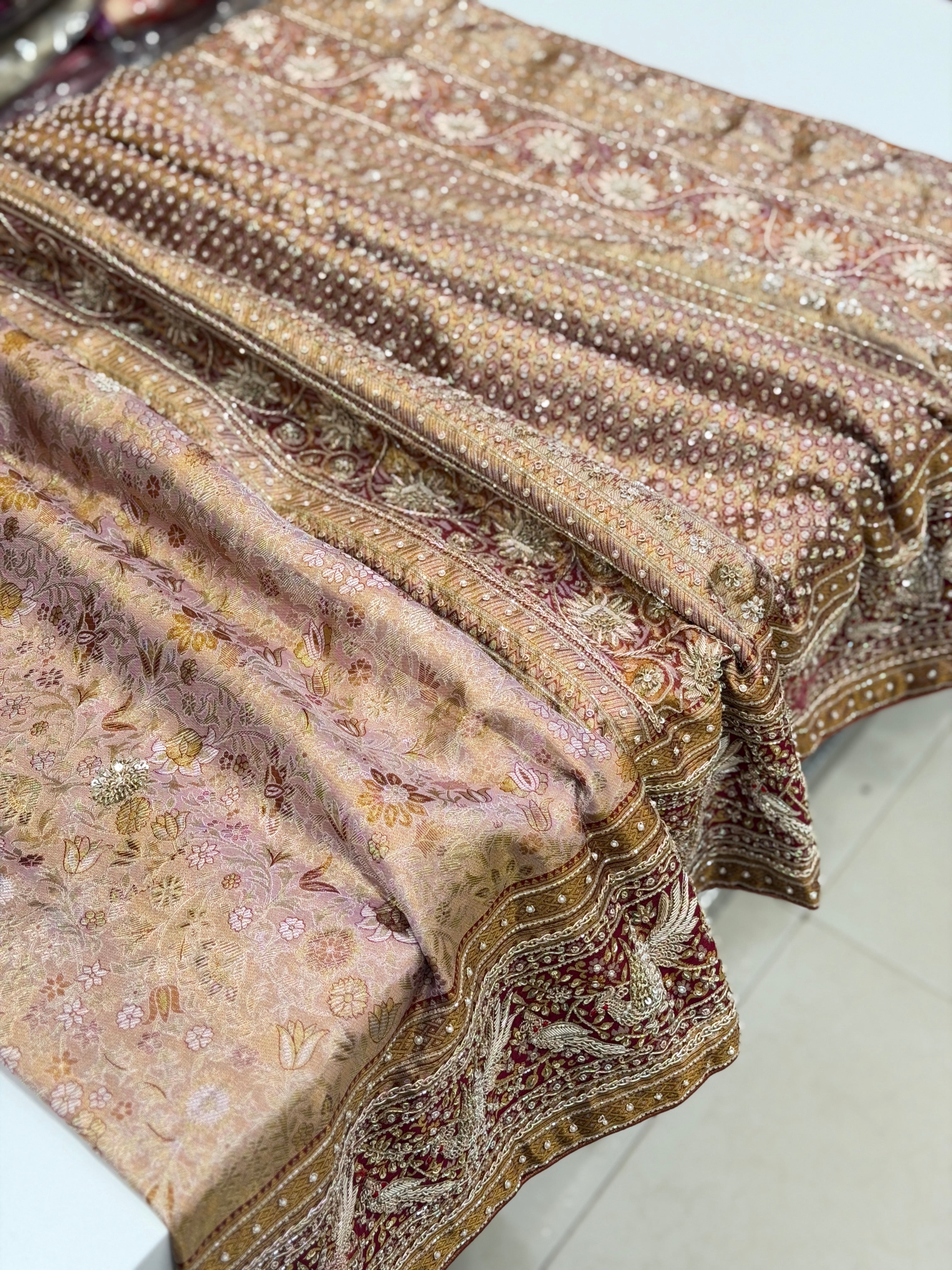 Pastel Pink Meenakari Tissue Kanjivaram Zardosi Hand Embroidery Saree