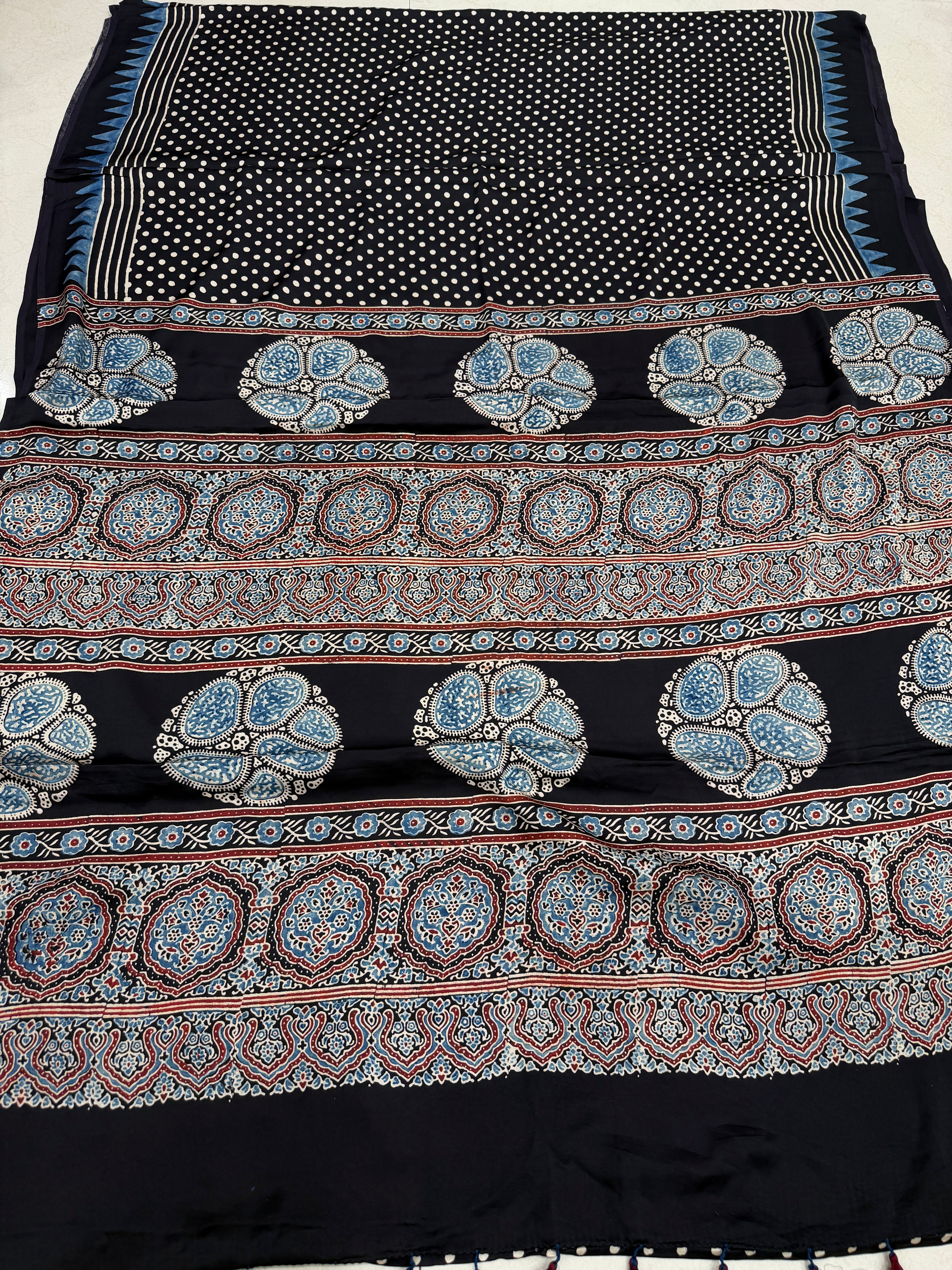 Black Polka Dots Ajrakh Block Print Hand Pure Gajji Silk Saree