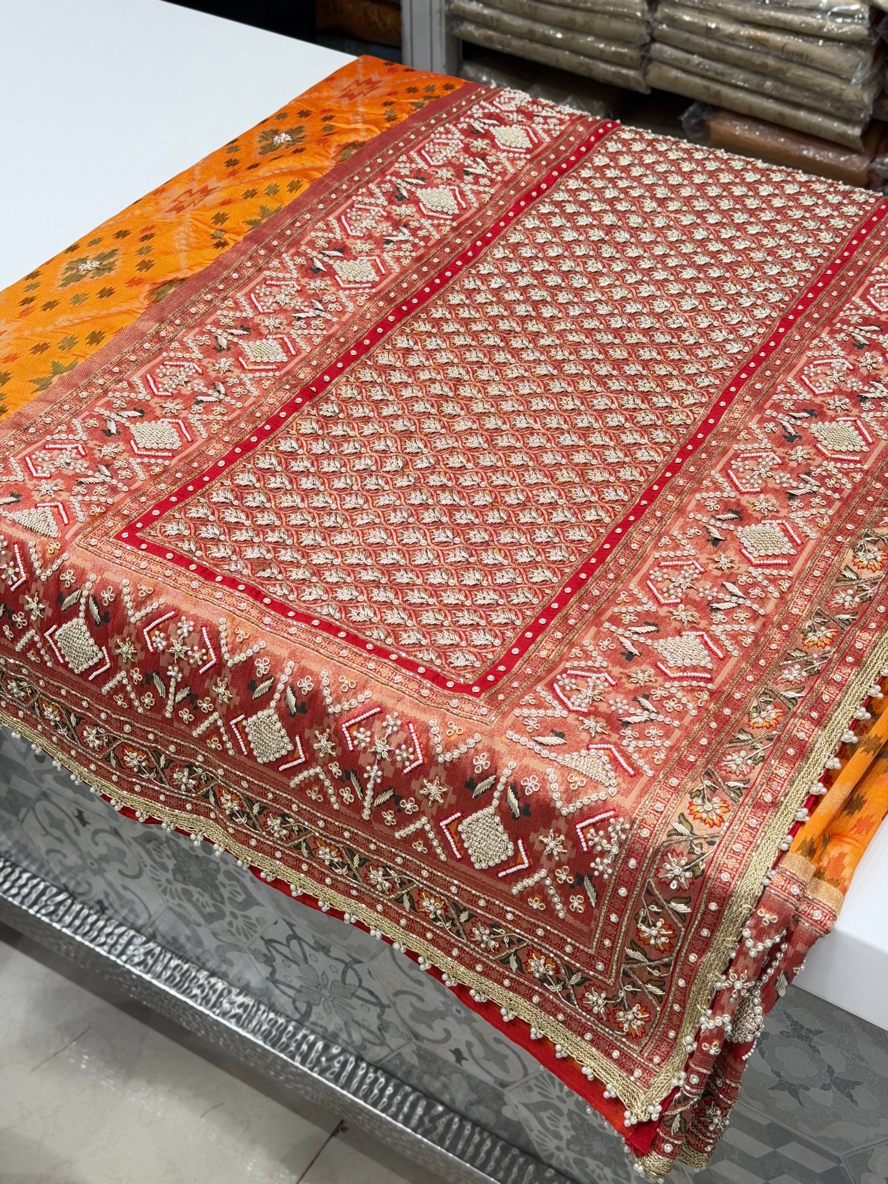 Orange Banarasi Patola Zardosi Hand Embroidery Moti Work Saree