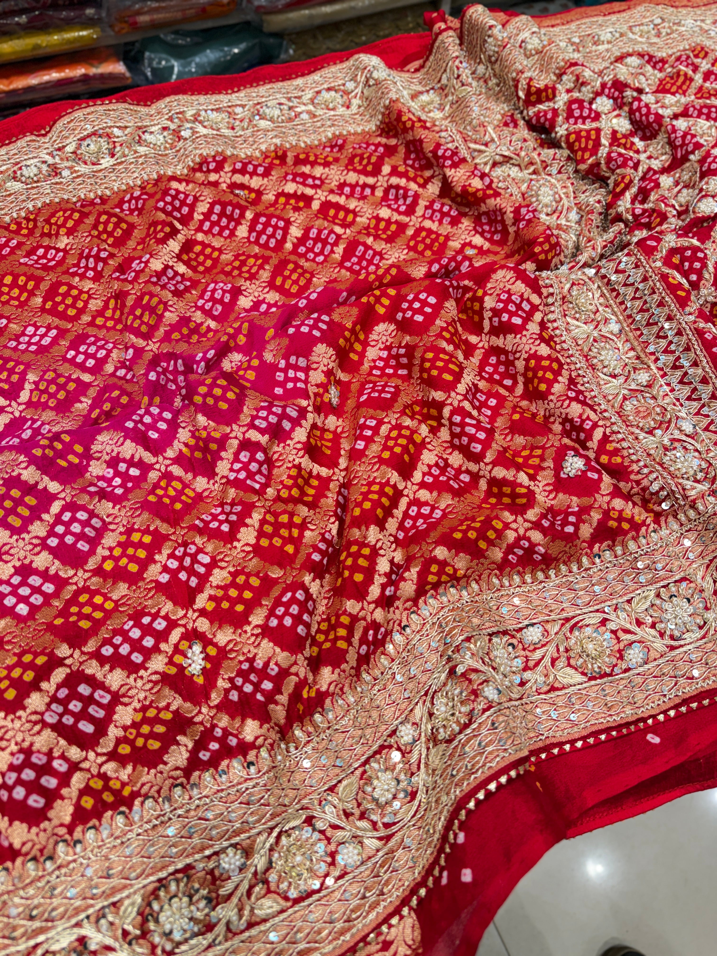 Red Rani Shaded Bandhej Zardosi Hand Embroidery Georgette Saree