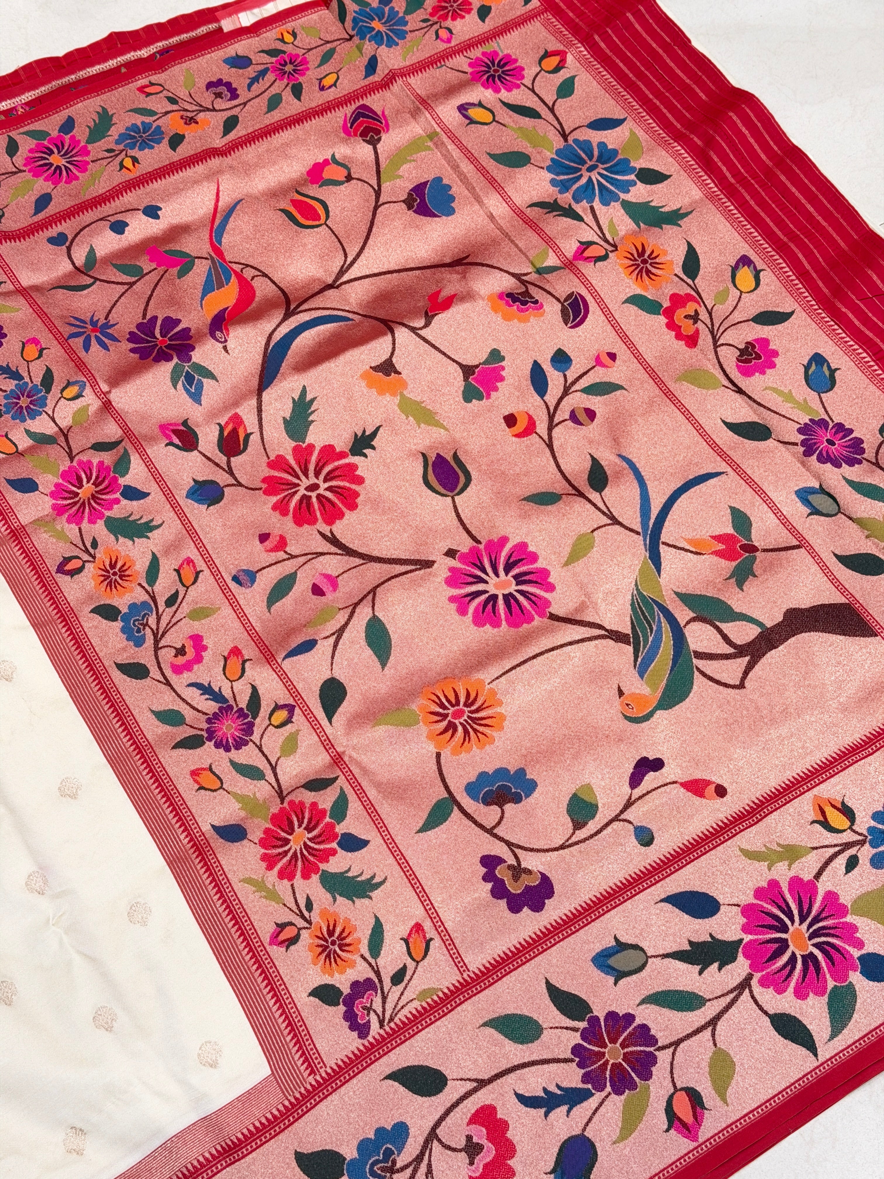 Moti White Floral Border Paithani Silk Saree