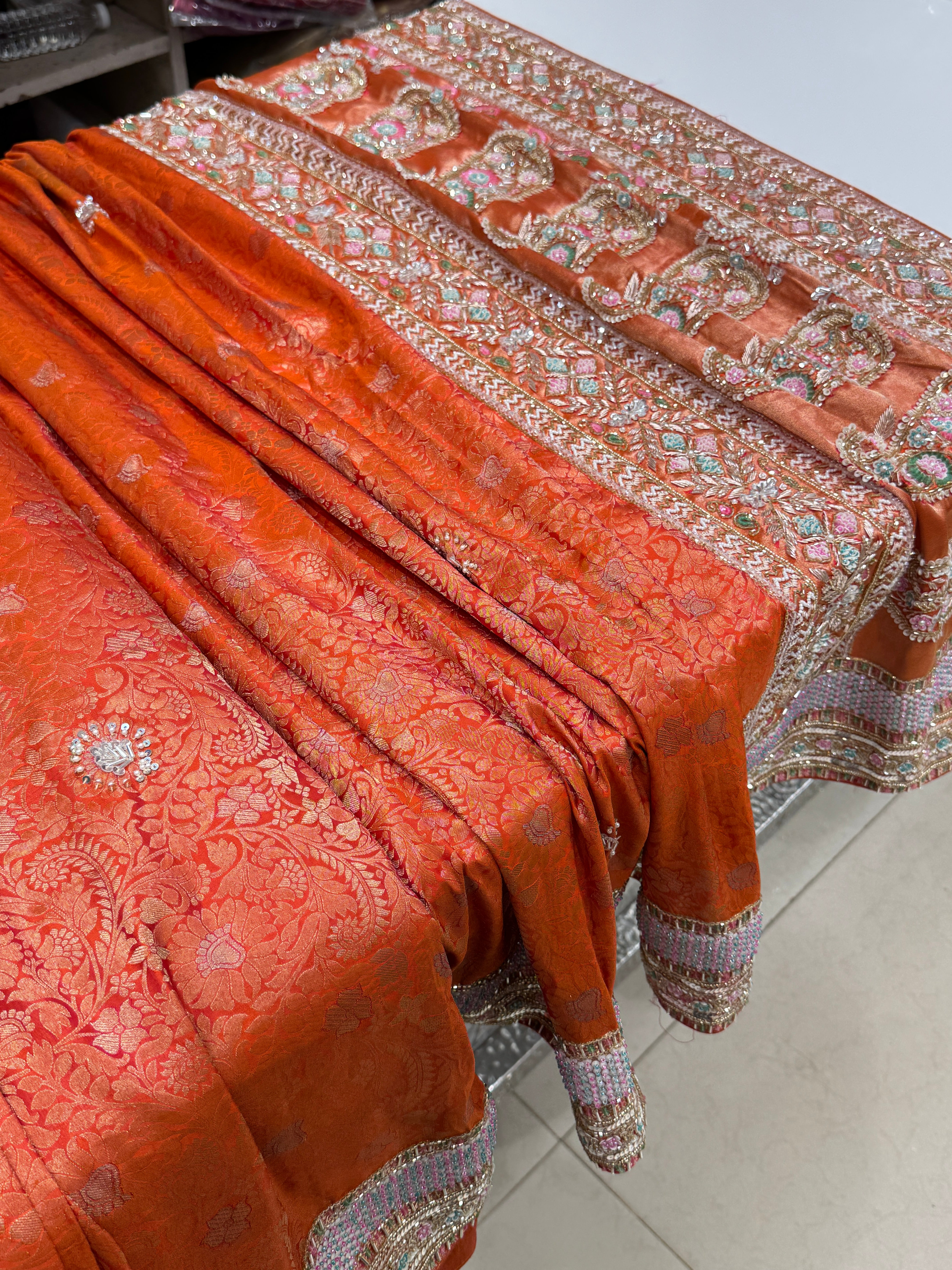 Rust Orange Kanjivaram Silk Hand Embroidery Saree