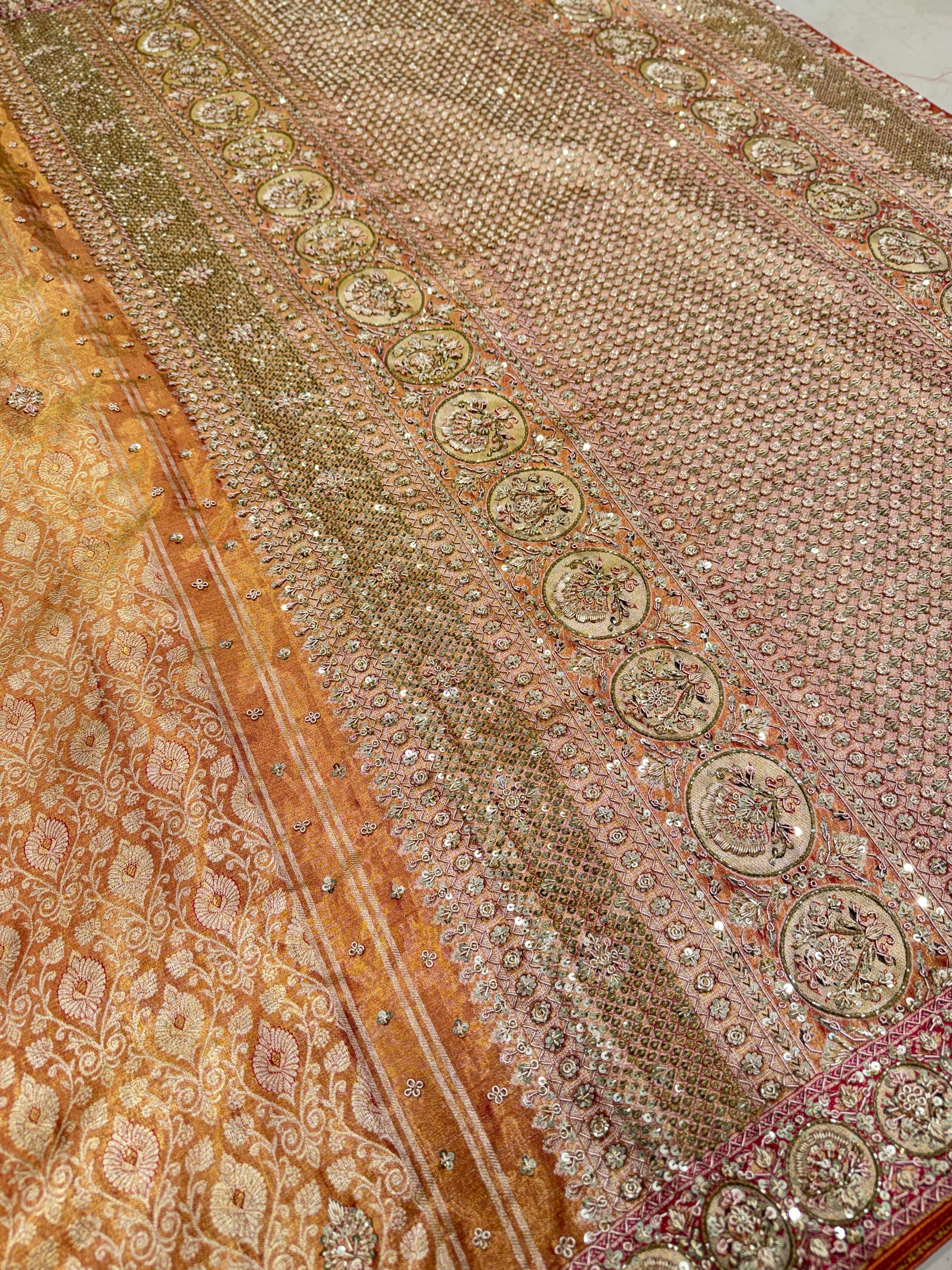 Red Tissue Kanjivaram Zardosi Meenakari Border Hand Embroidery Saree