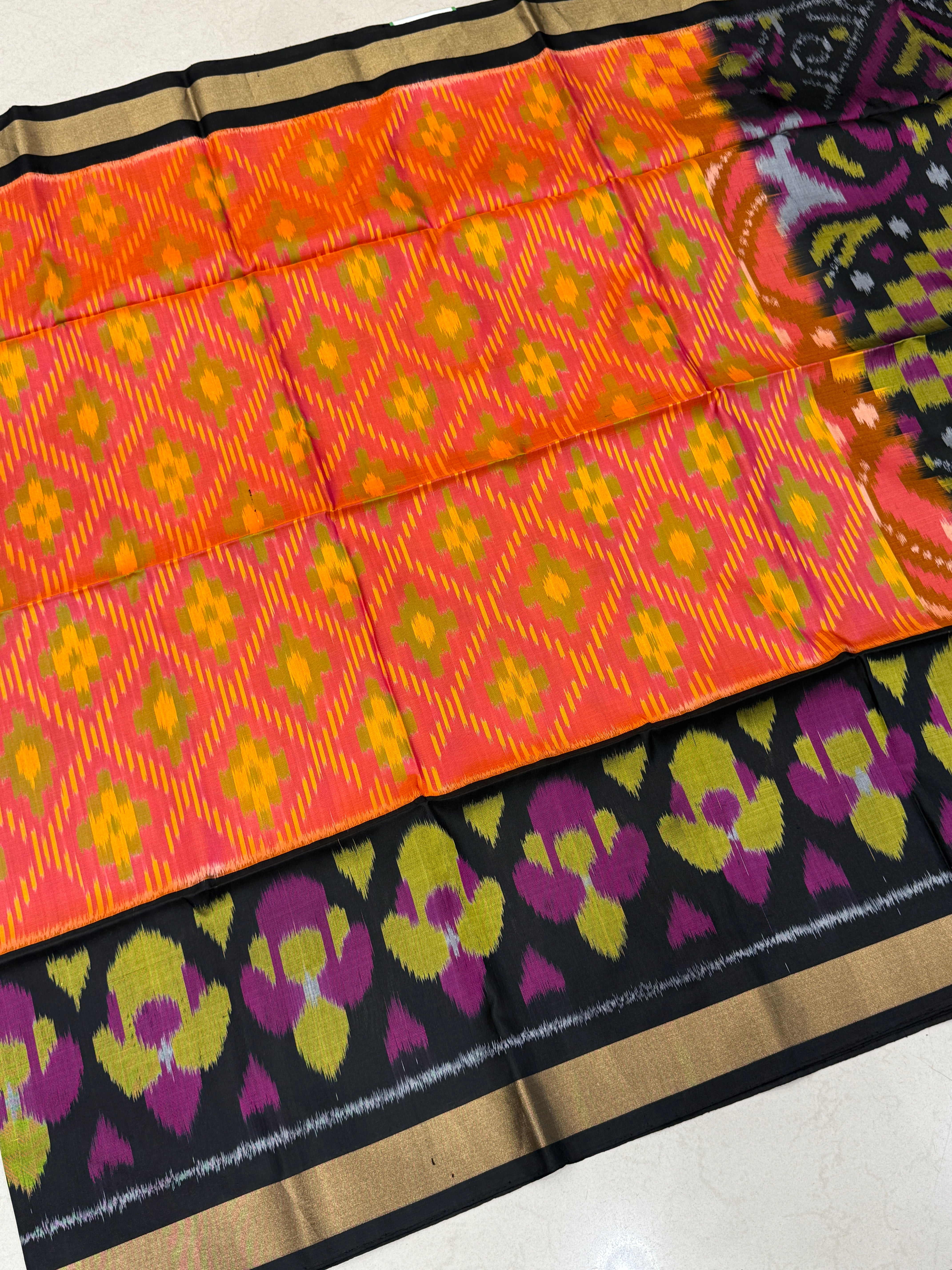 Orange Black Pochampally Ikat Patola Saree