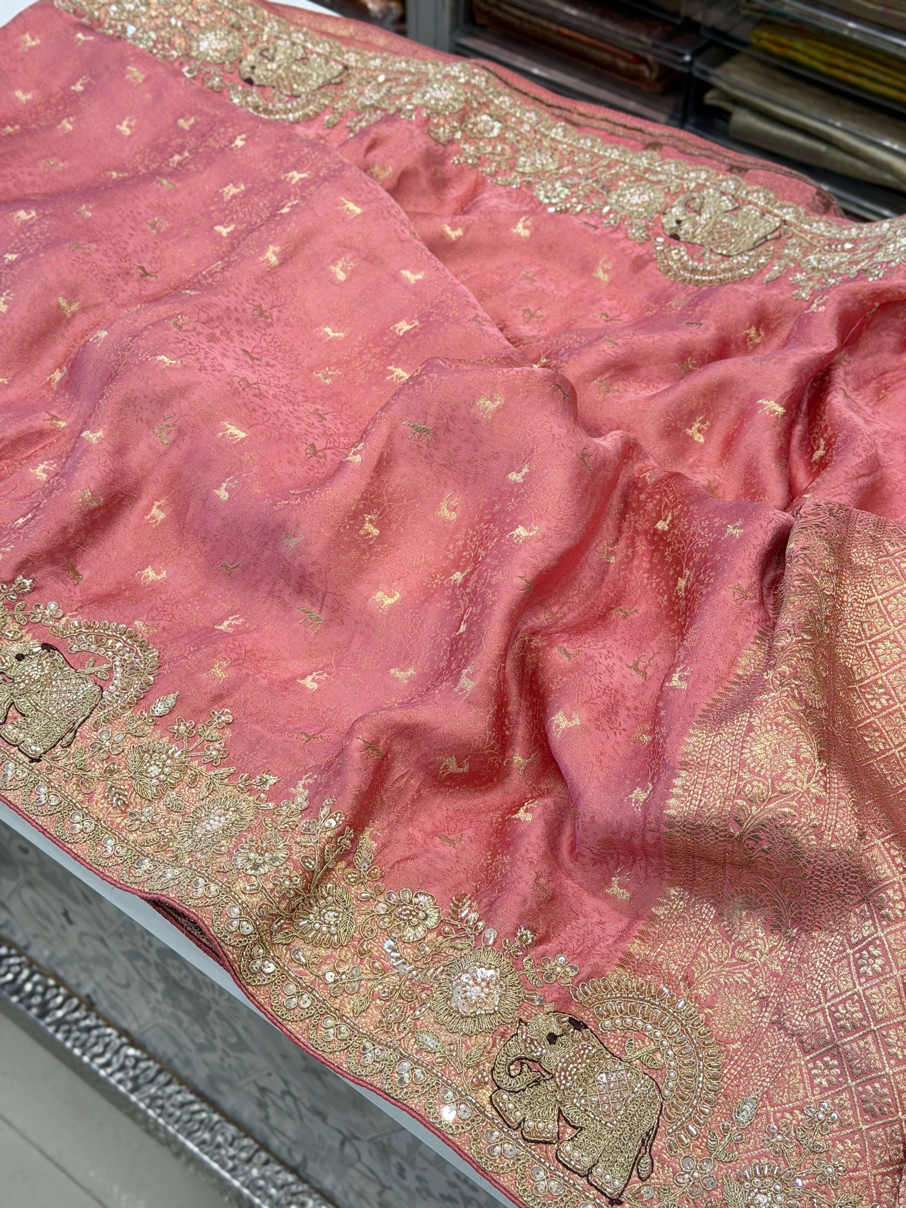 Pink Banarasi Mushru Silk Elephant Motif Embroidery Saree