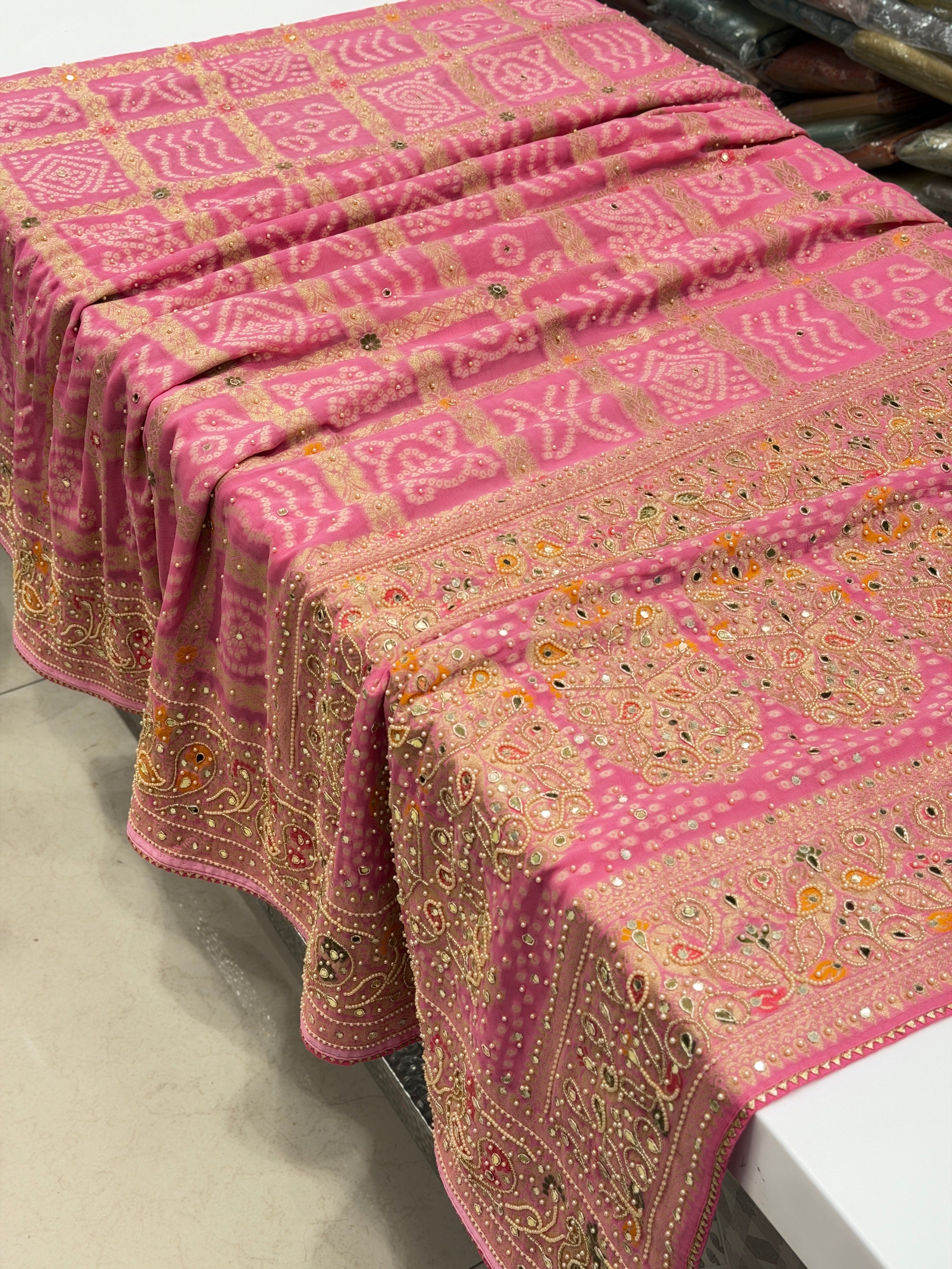 Pink Gharchola Moti Hand Embroidery Saree