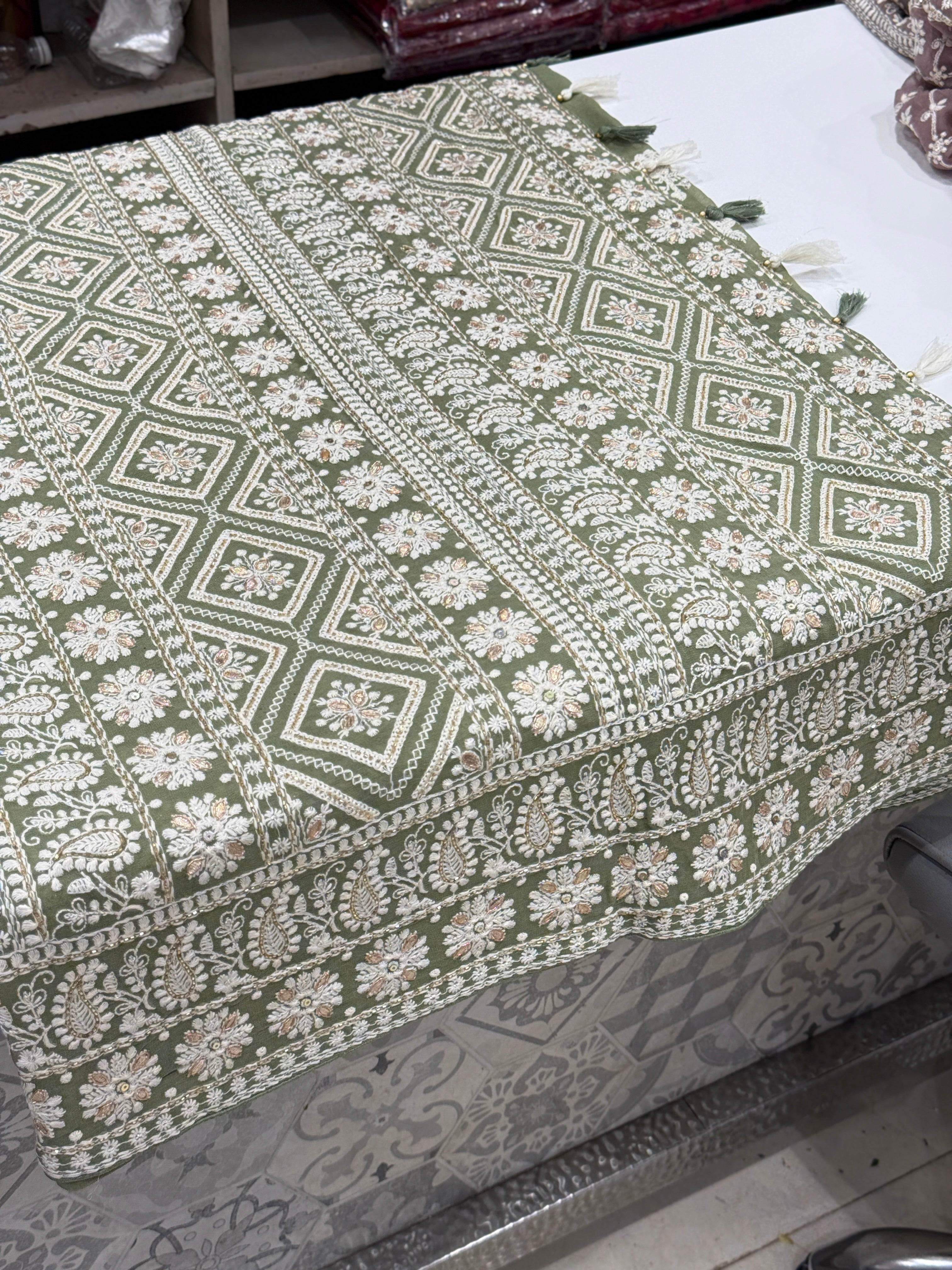Green Butta Chikankari on Georgette with Cutdana Hand Embroidery