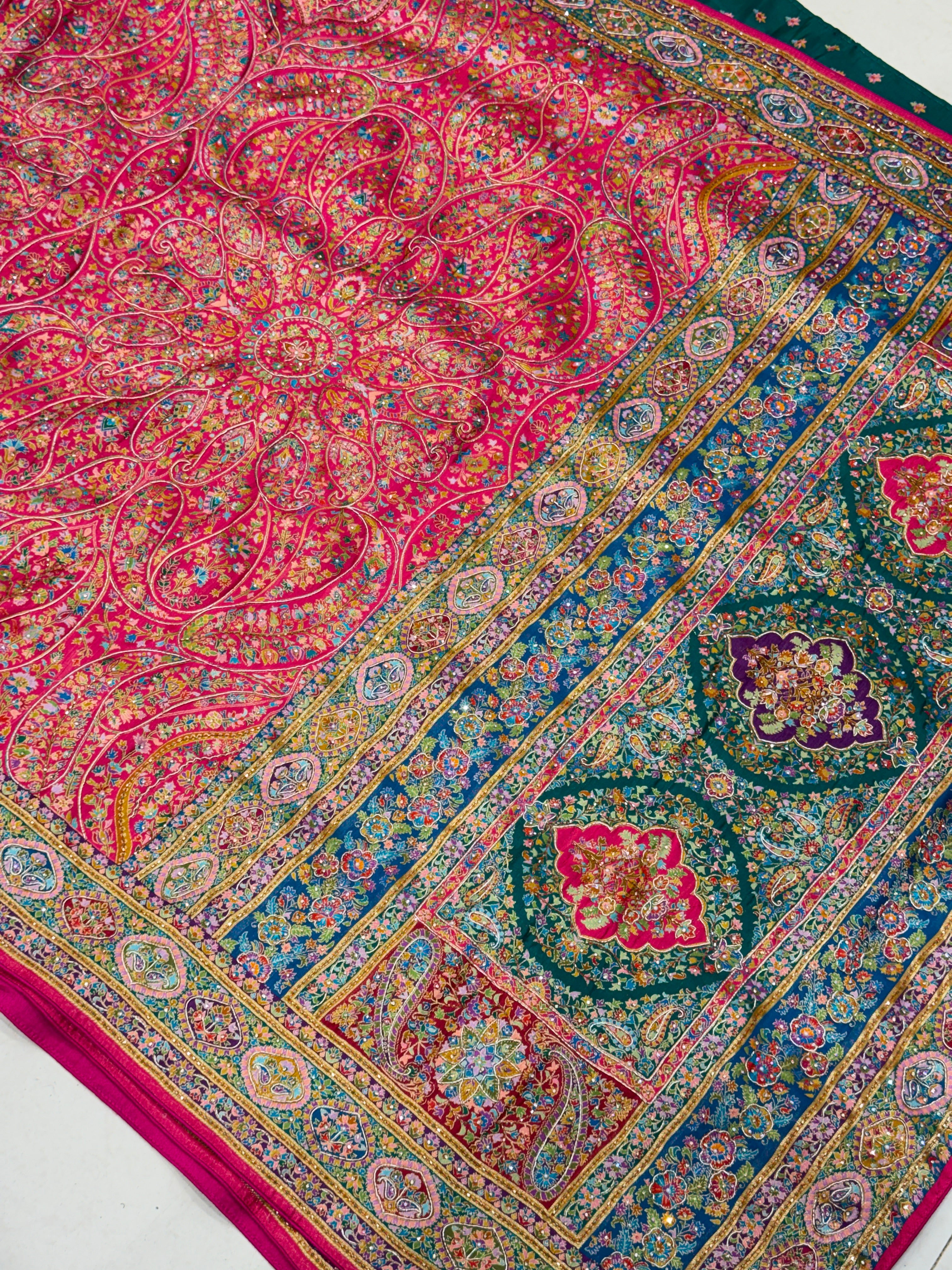Rani Pashmina Inspired  Weaved Munga Hand Embroidery Saree