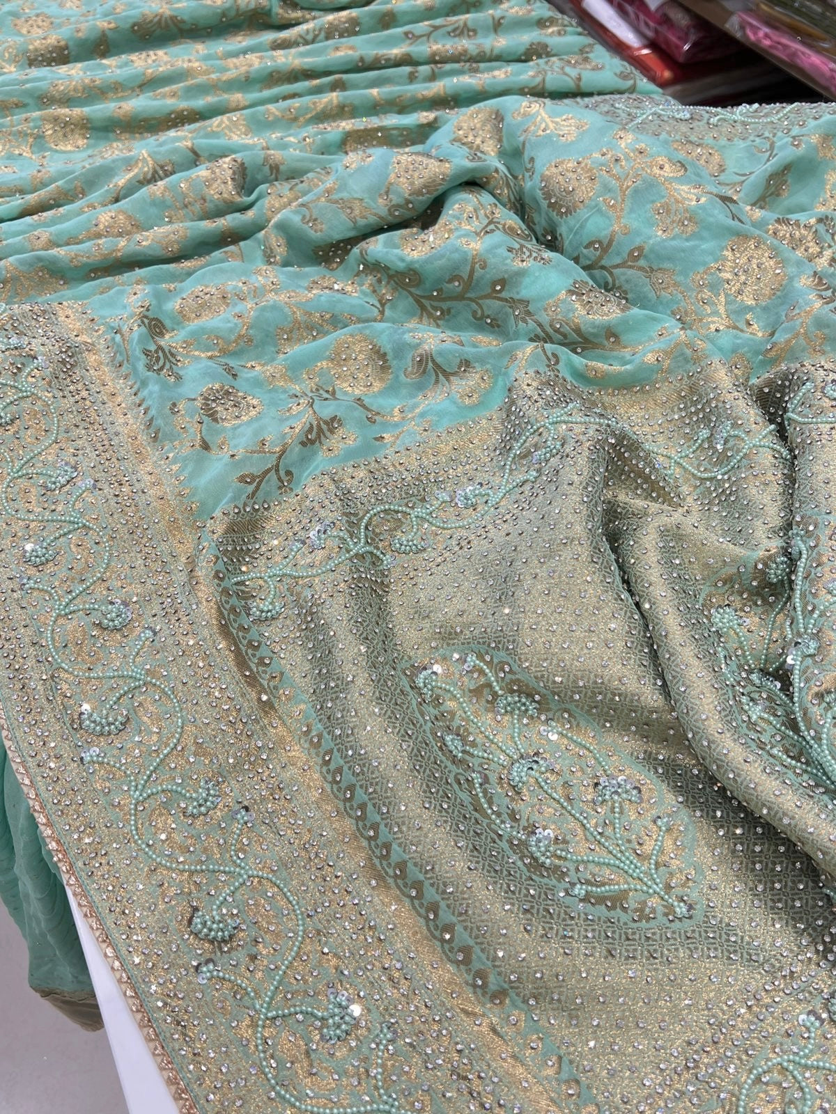 Sea Green Georgette Hand Embroidery Saree