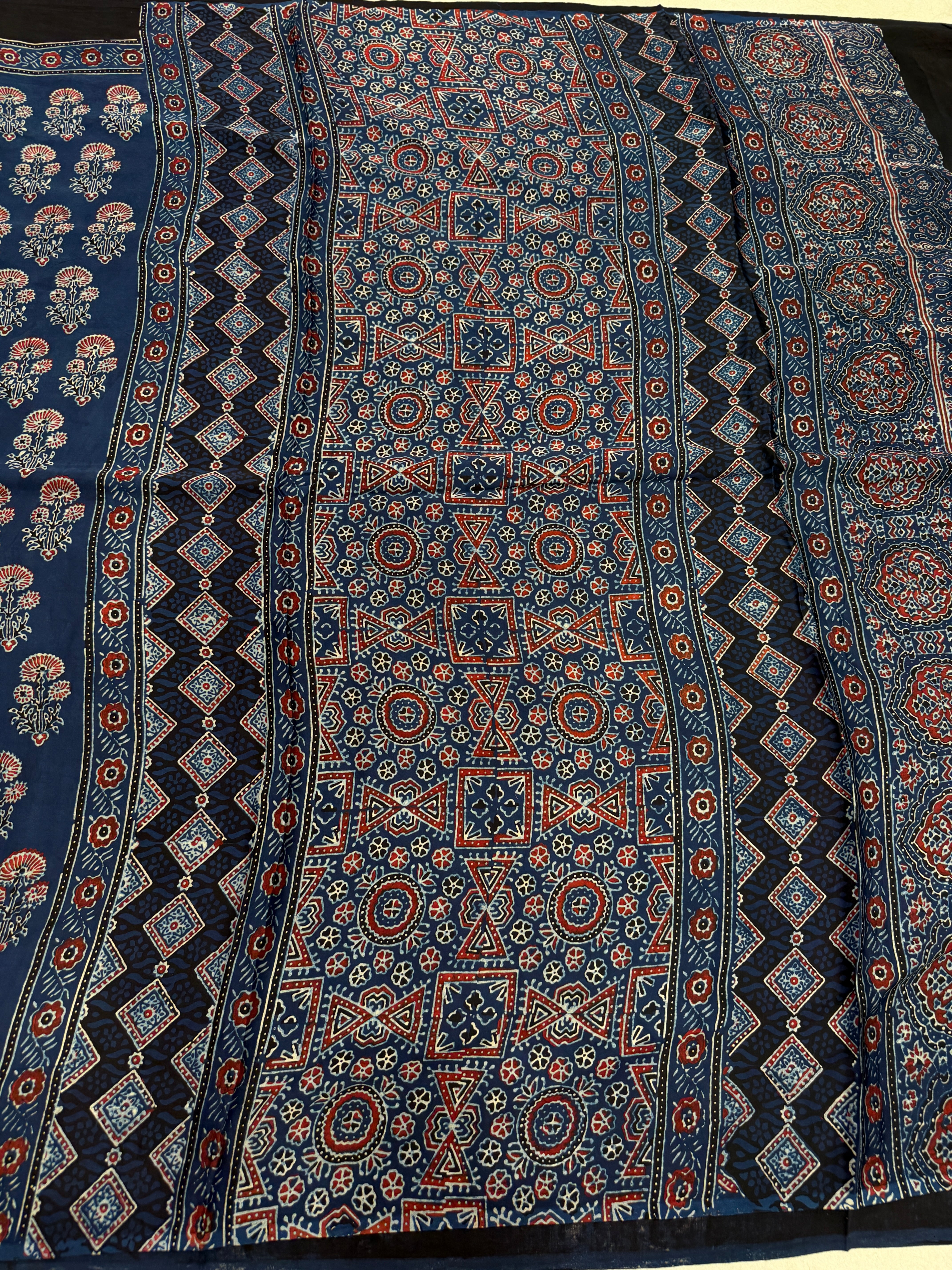 Blue Buttas Ajrakh Block Print Hand Pure Gajji Silk Saree