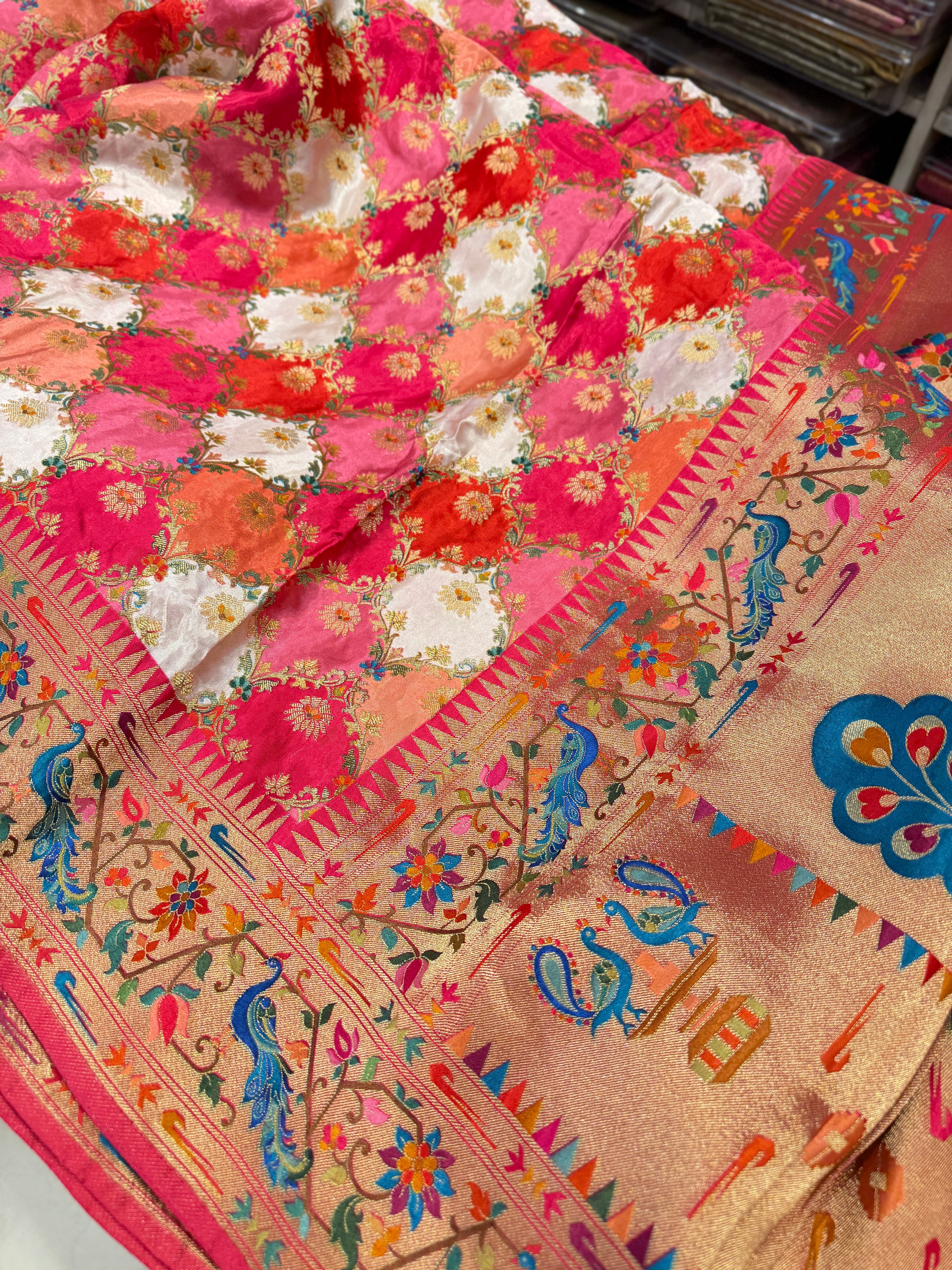 White Rani Meenakari Banarasi Modal Satin Rangkat Saree