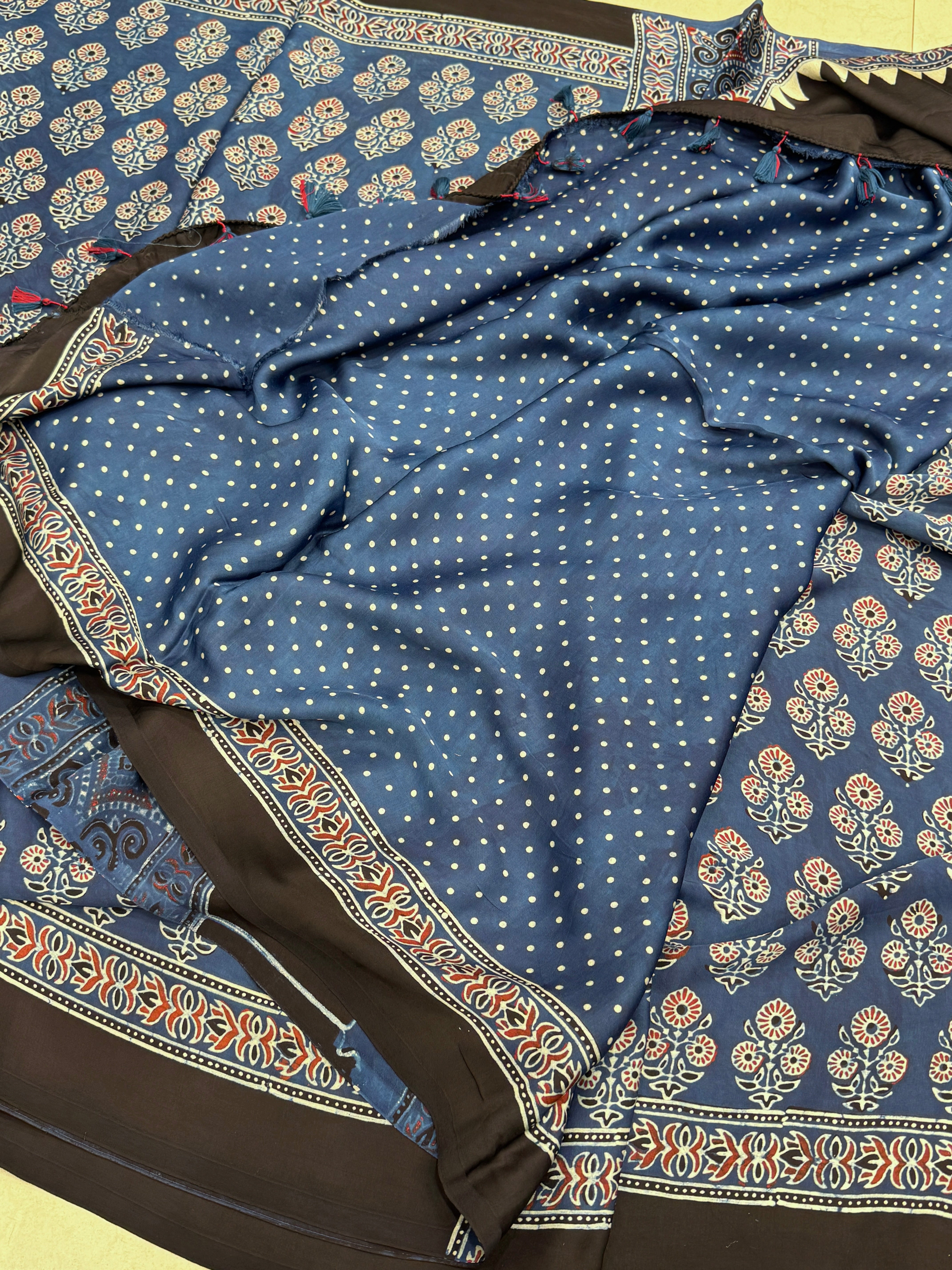 Blue Floral Buttas Hand Block Print Ajrkah Pure Gajji Silk Saree