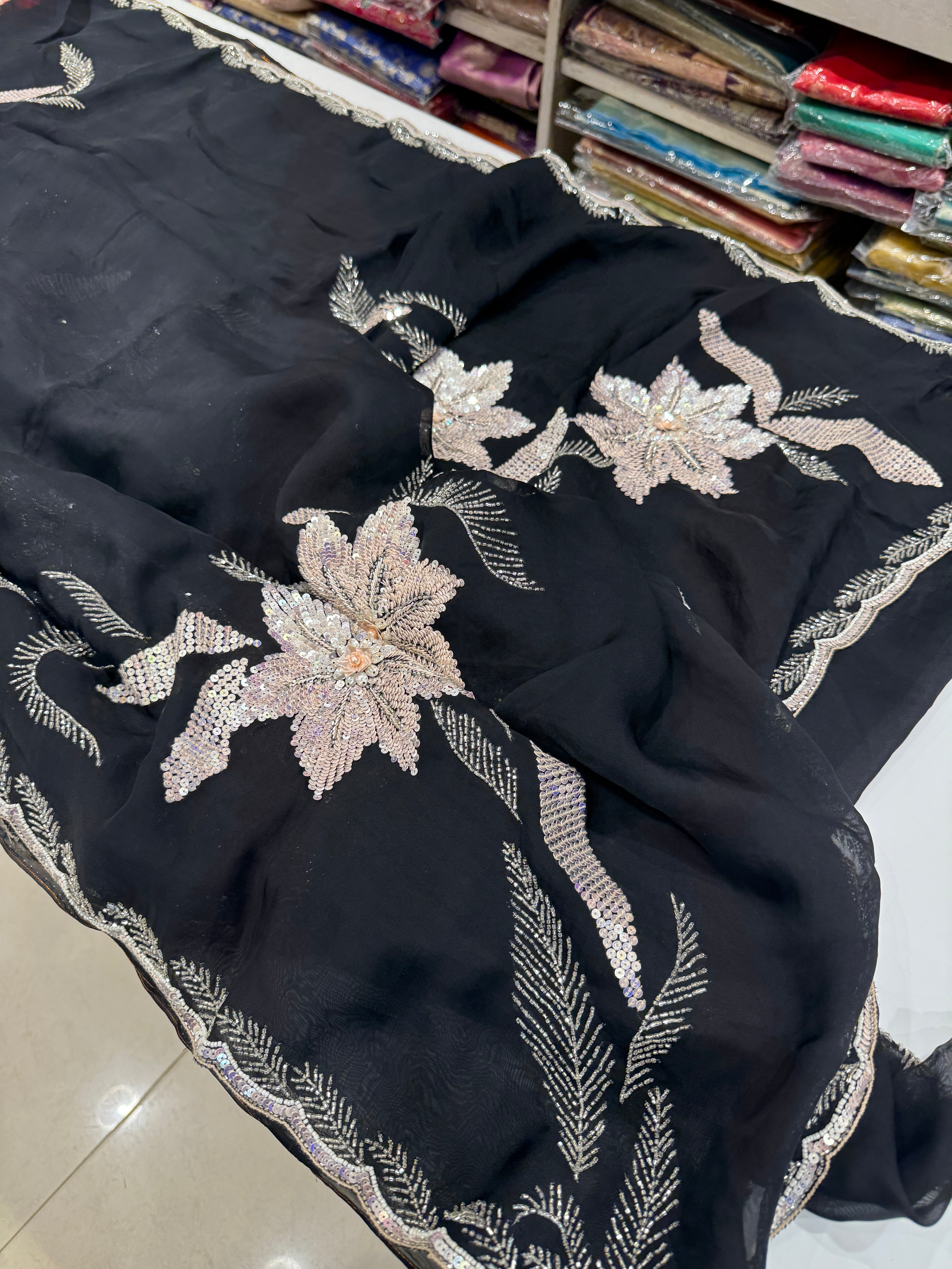 Black Satin Organza Embroidery Saree