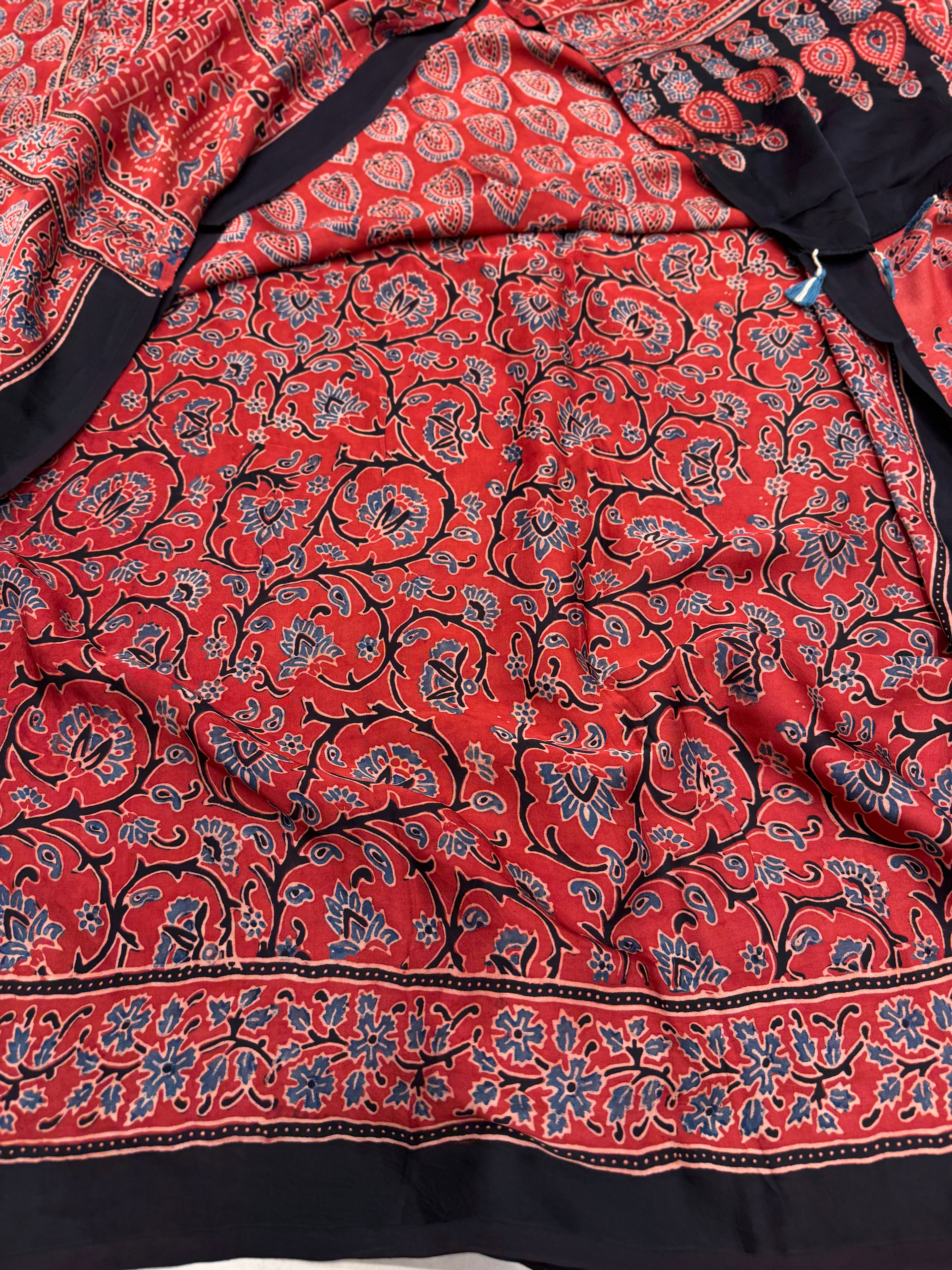 Red Sword Butti Ajrakh Hand Block Print Pure Modal Silk Saree