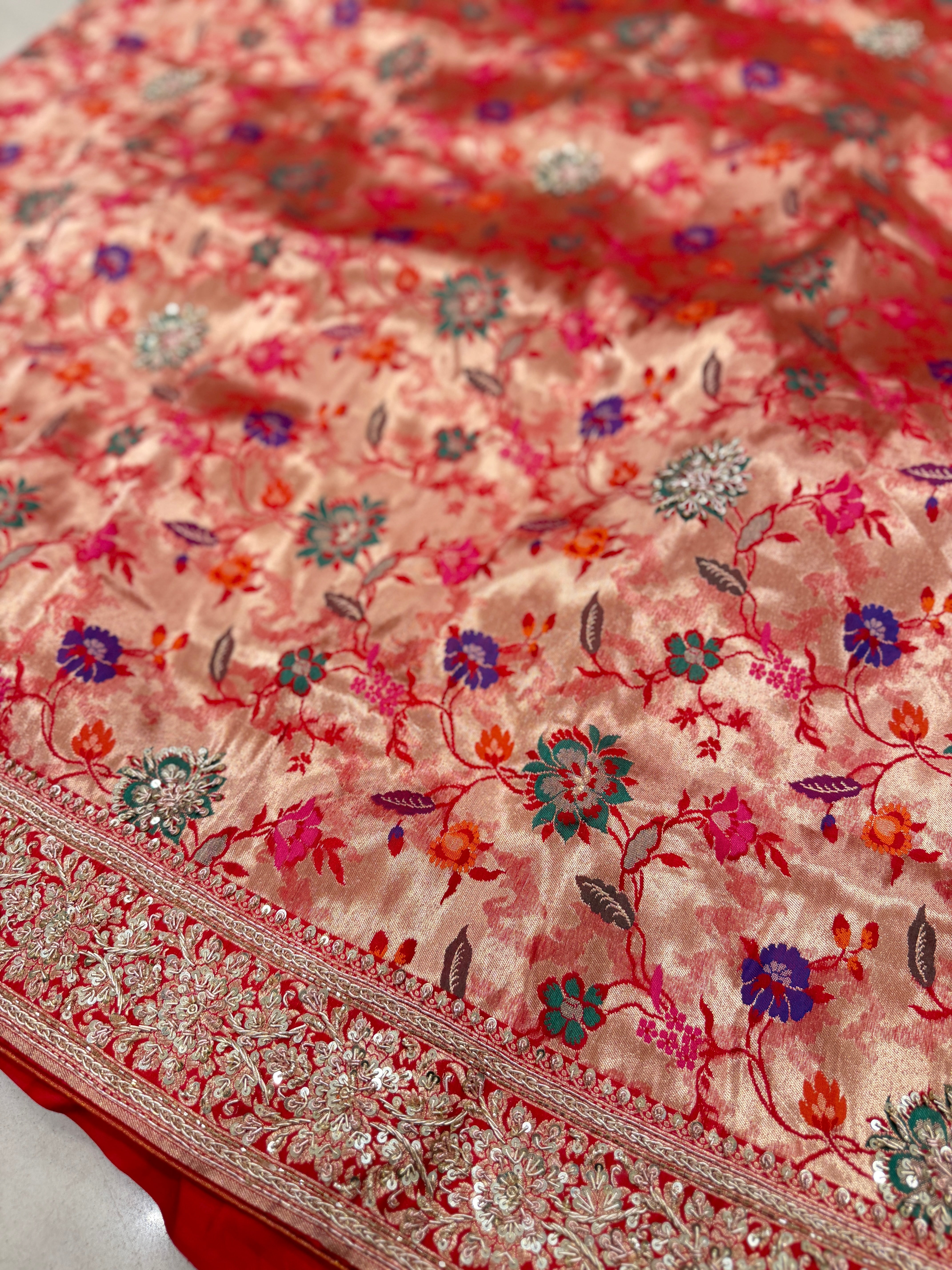 Banarasi Katan Tissue Meenakari Weave Zardosi Hand Embroidery Saree