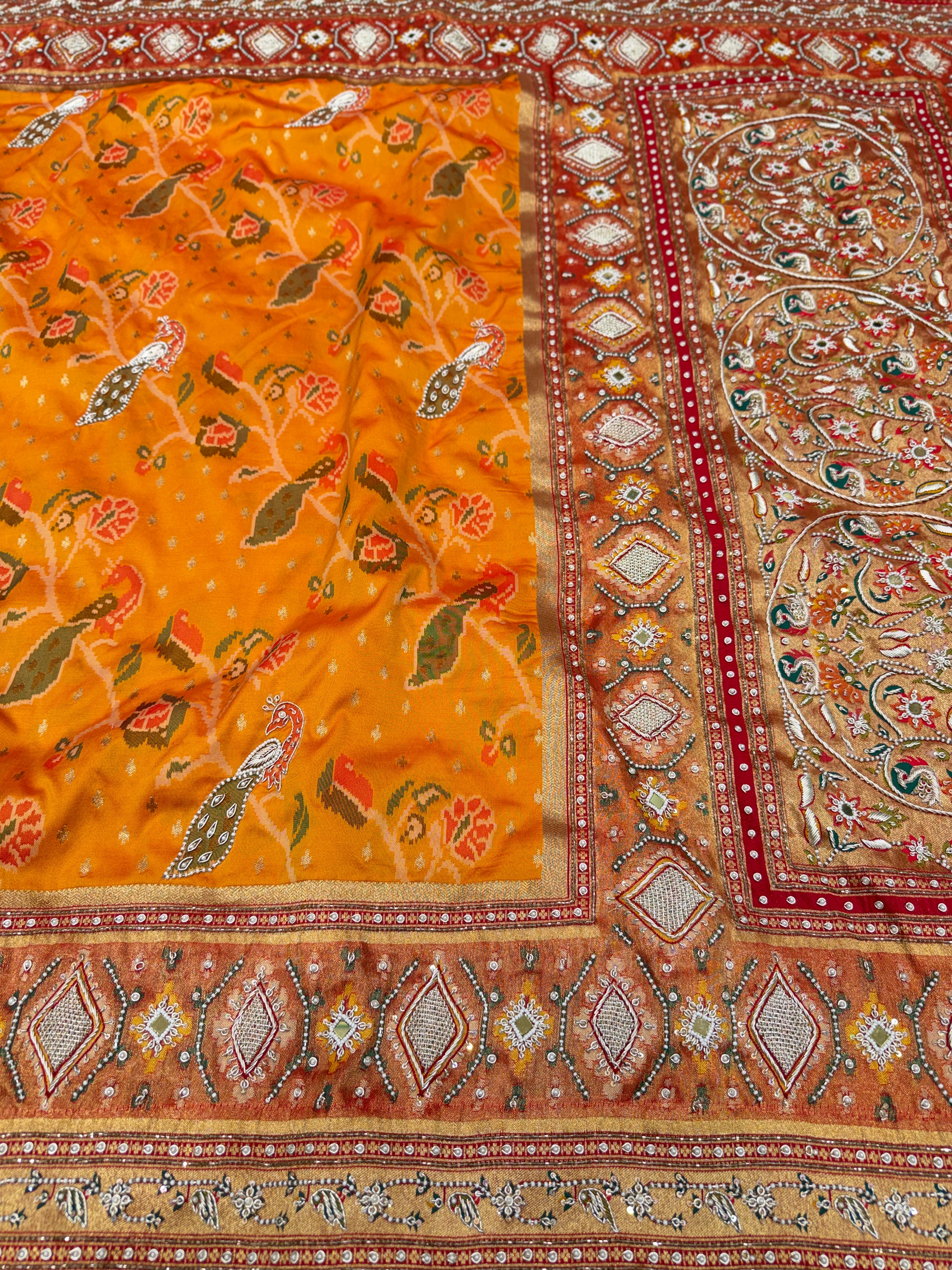 Rust Orange Patola Peacock Motif Zardosi Hand Embroidery Saree