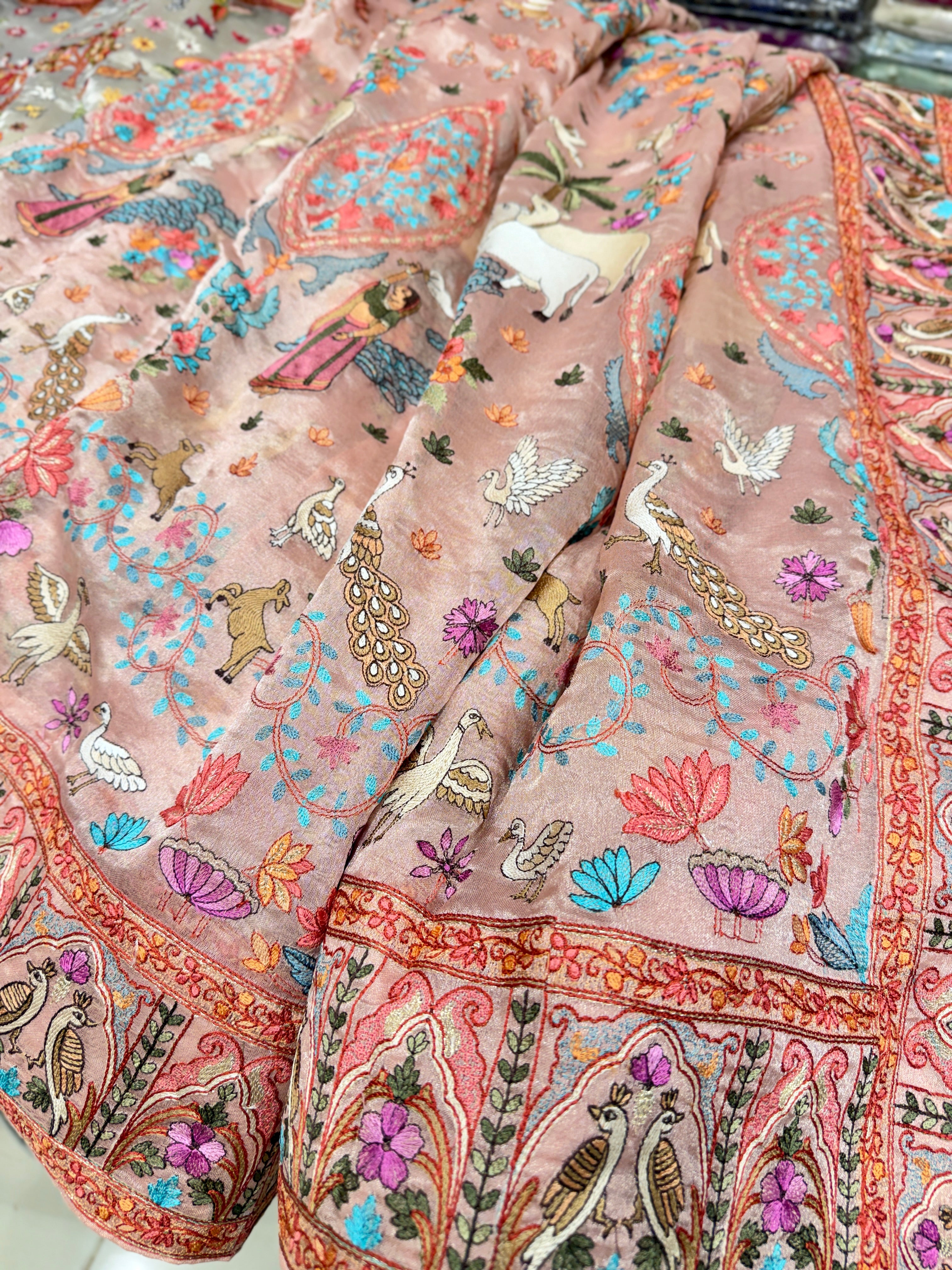 Pink Jamdani Style Embroidery Tissue Silk Saree