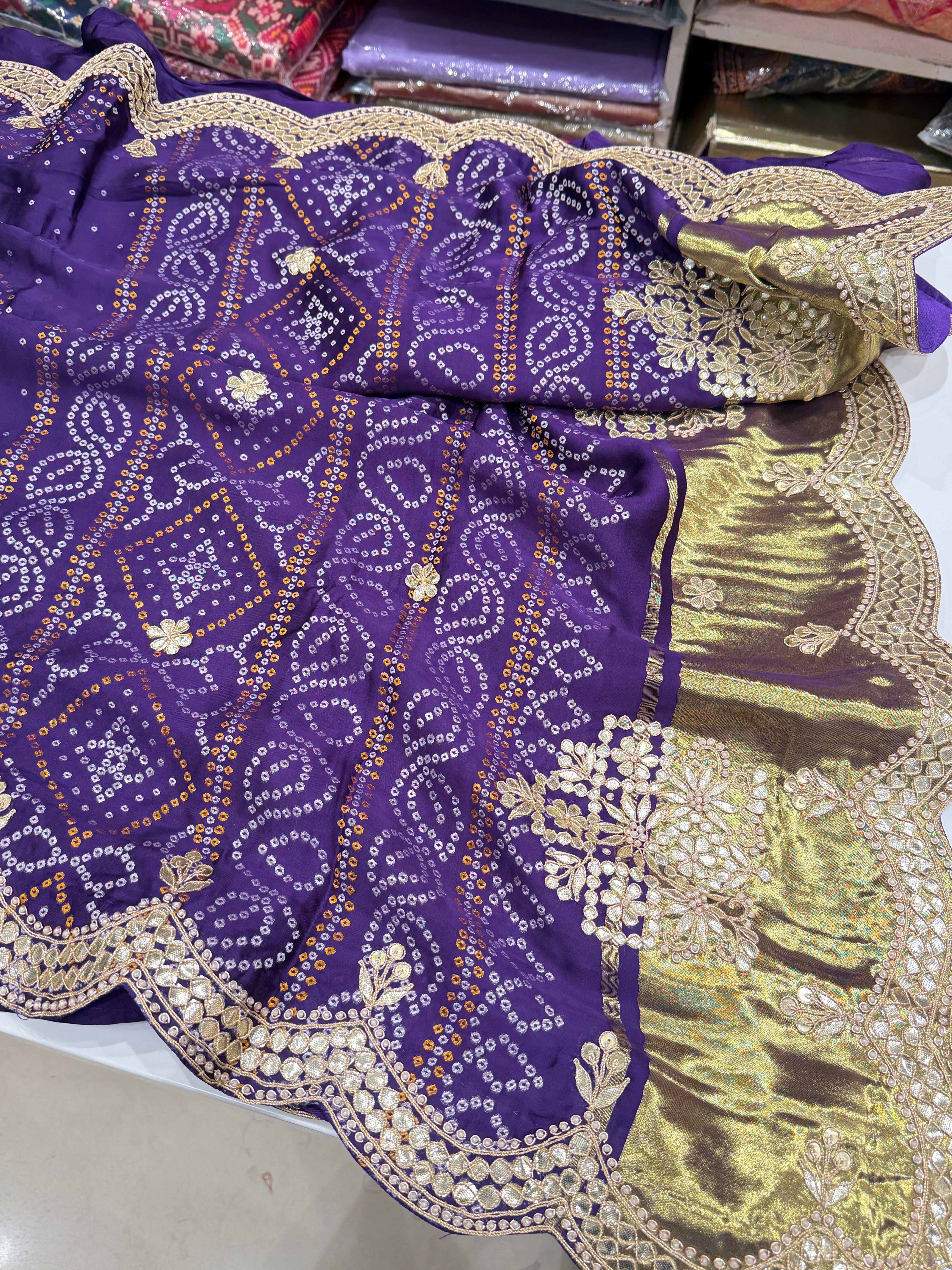 Violet Gajji Silk Woven Bandhej Gotapatti Hand Embroidery Saree