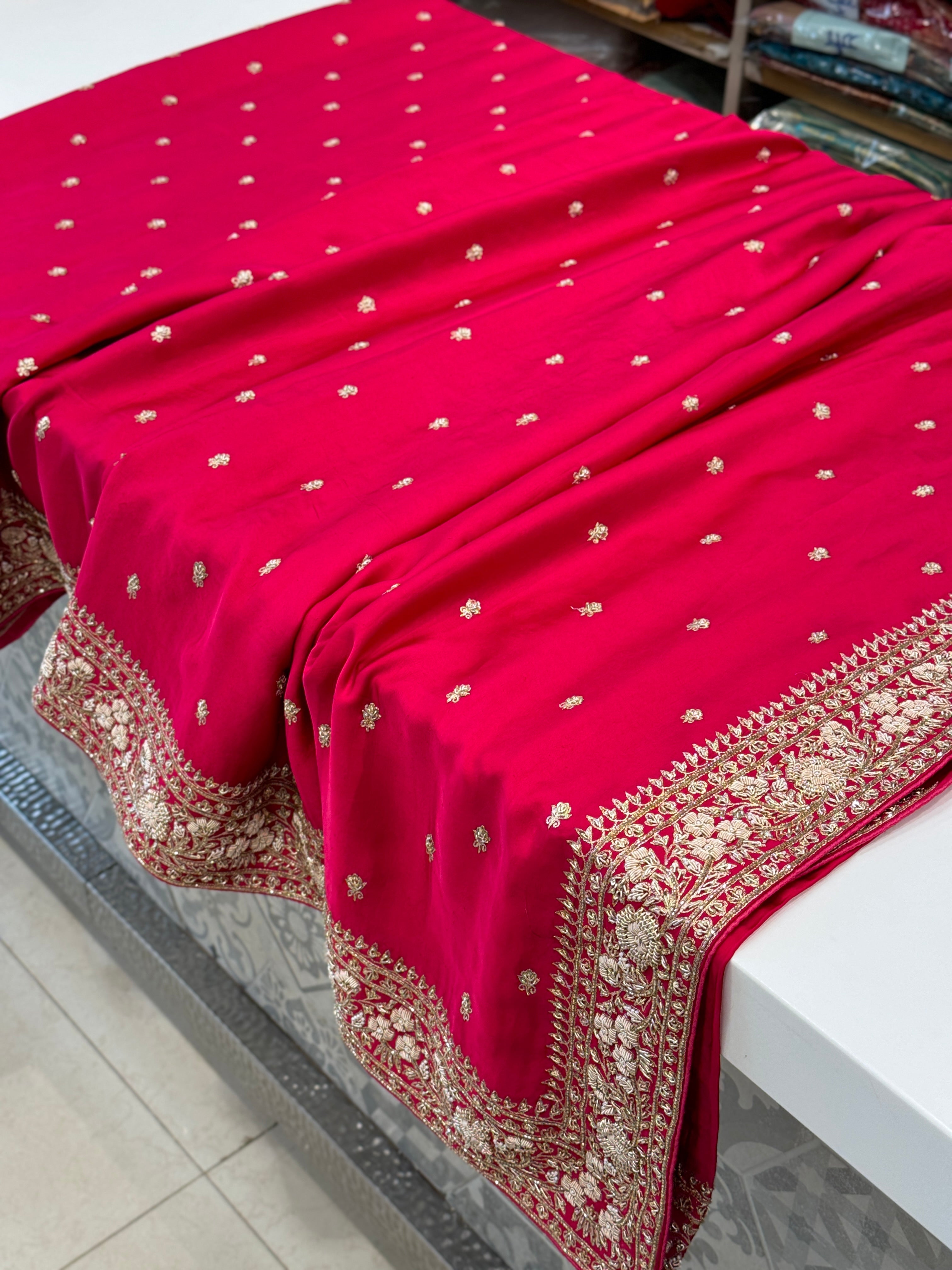 Rani Pink Buttis Satin Hand Embroidery Zardosi Saree