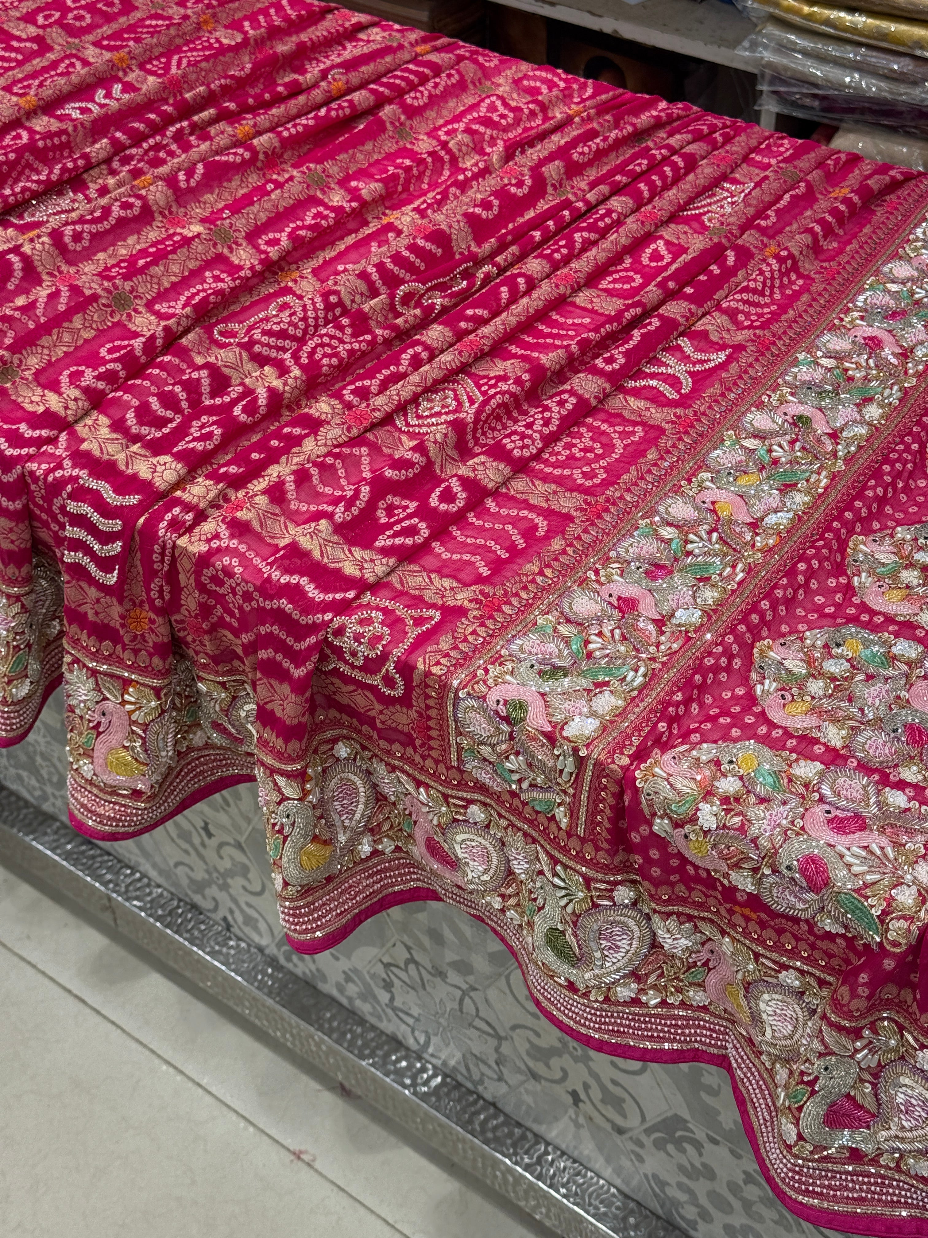 Rani Gharchola Moti Sequin Zardosi Hand Embroidery Georgette Saree