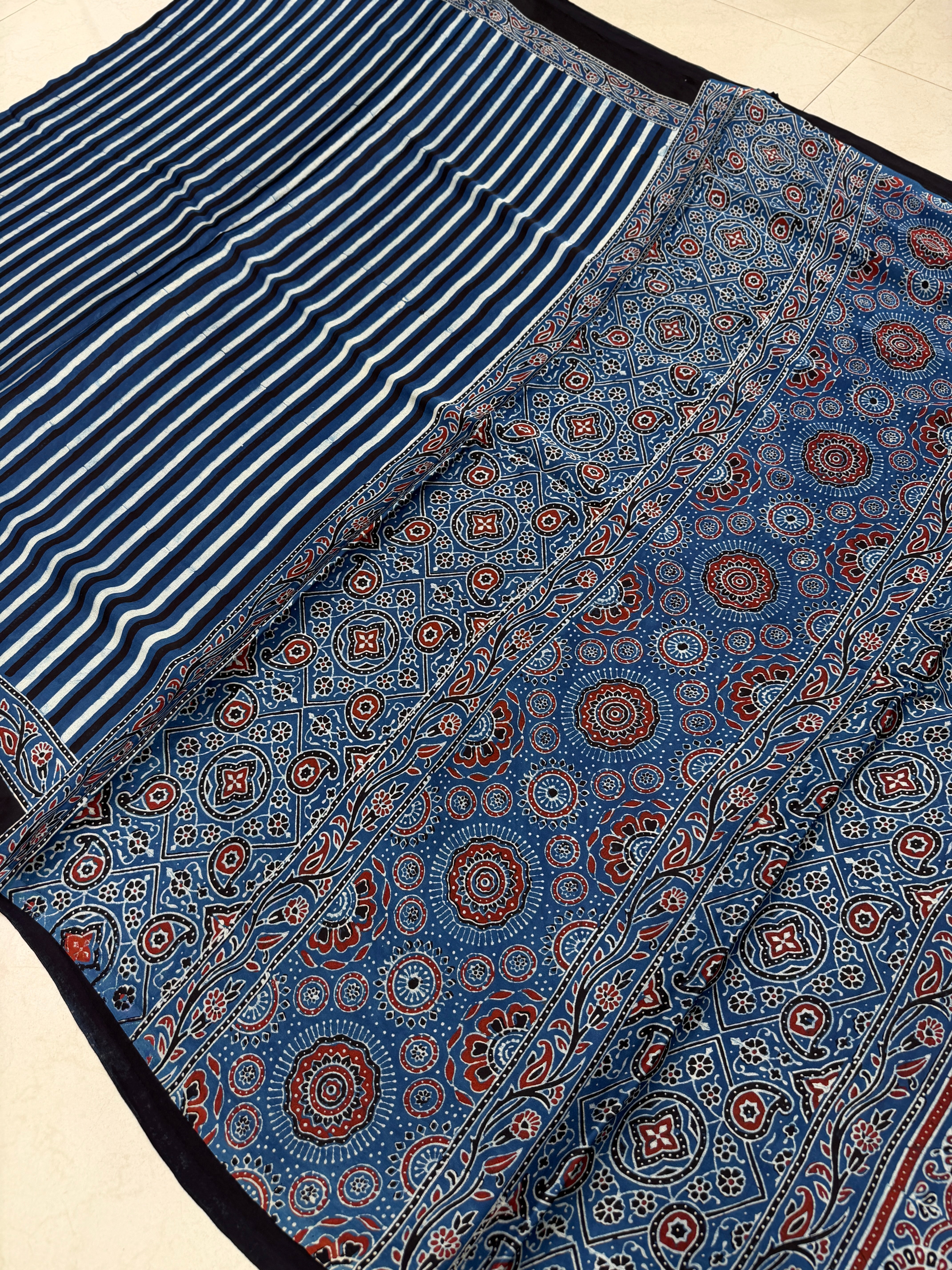 Blue Contemporary Ajrakh Block Print Hand Pure Gajji Silk Saree