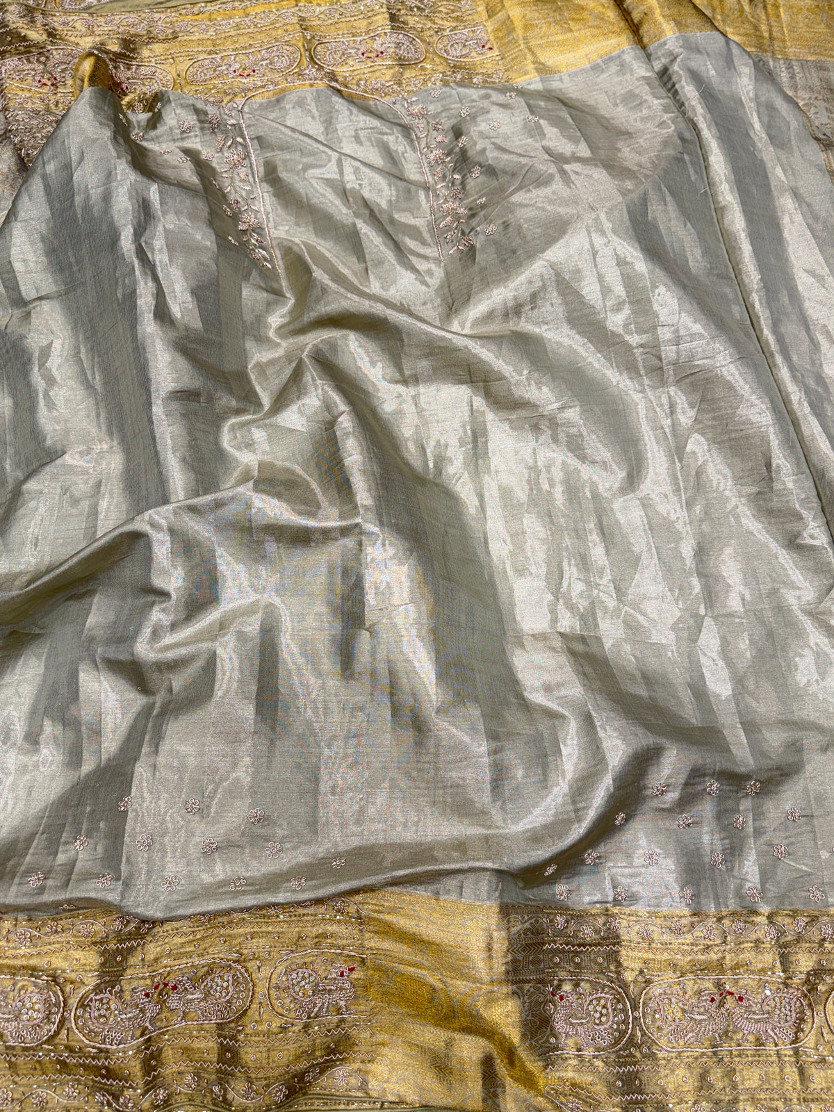 Champagne Green Tissue Kanjivaram Zardosi Peacock Motif Hand Embroidery Saree