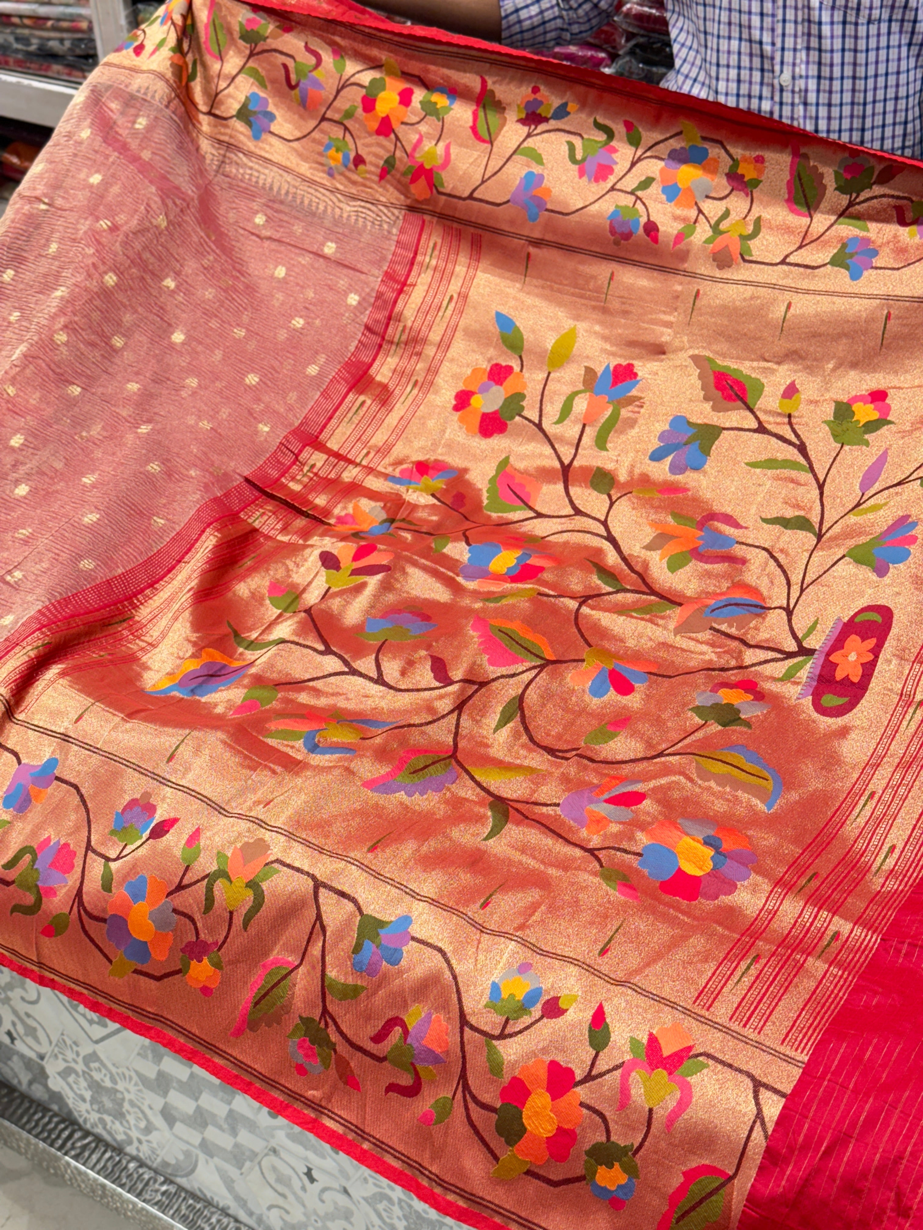 Crimson Crushed Tissue Flower Paithani Saree