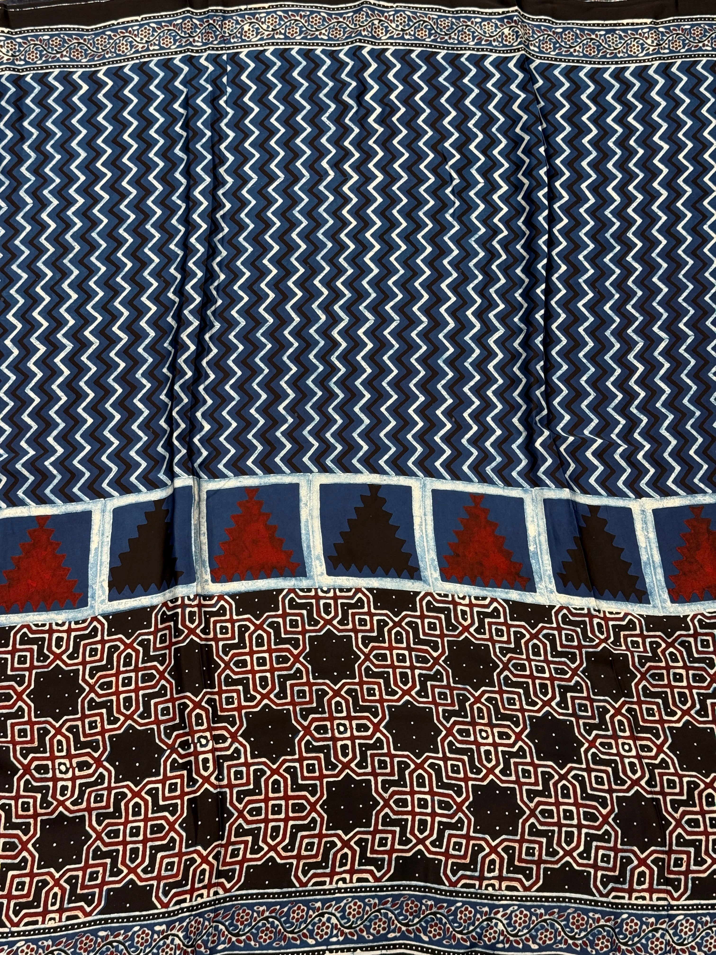 Blue Zig Zag Pallu Contemporary Modal Gajji Silk Ajrakh Saree