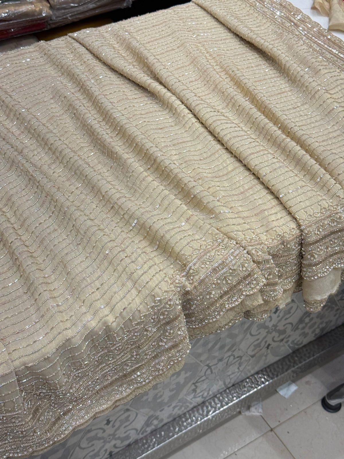 Beige Satin Crepe Moti MM inspired Hand Embroidery Saree