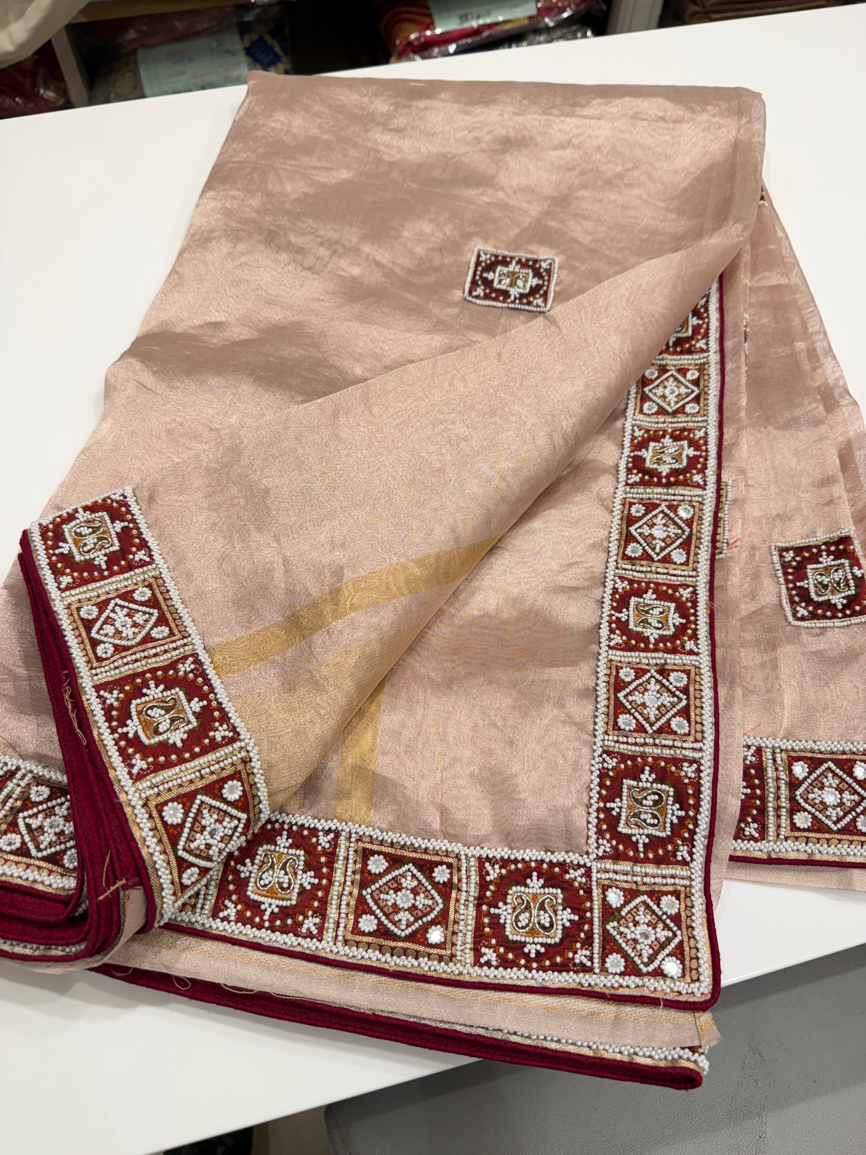 Pink Tissue Banarasi Patola Patch Work Hand Embroidery Saree