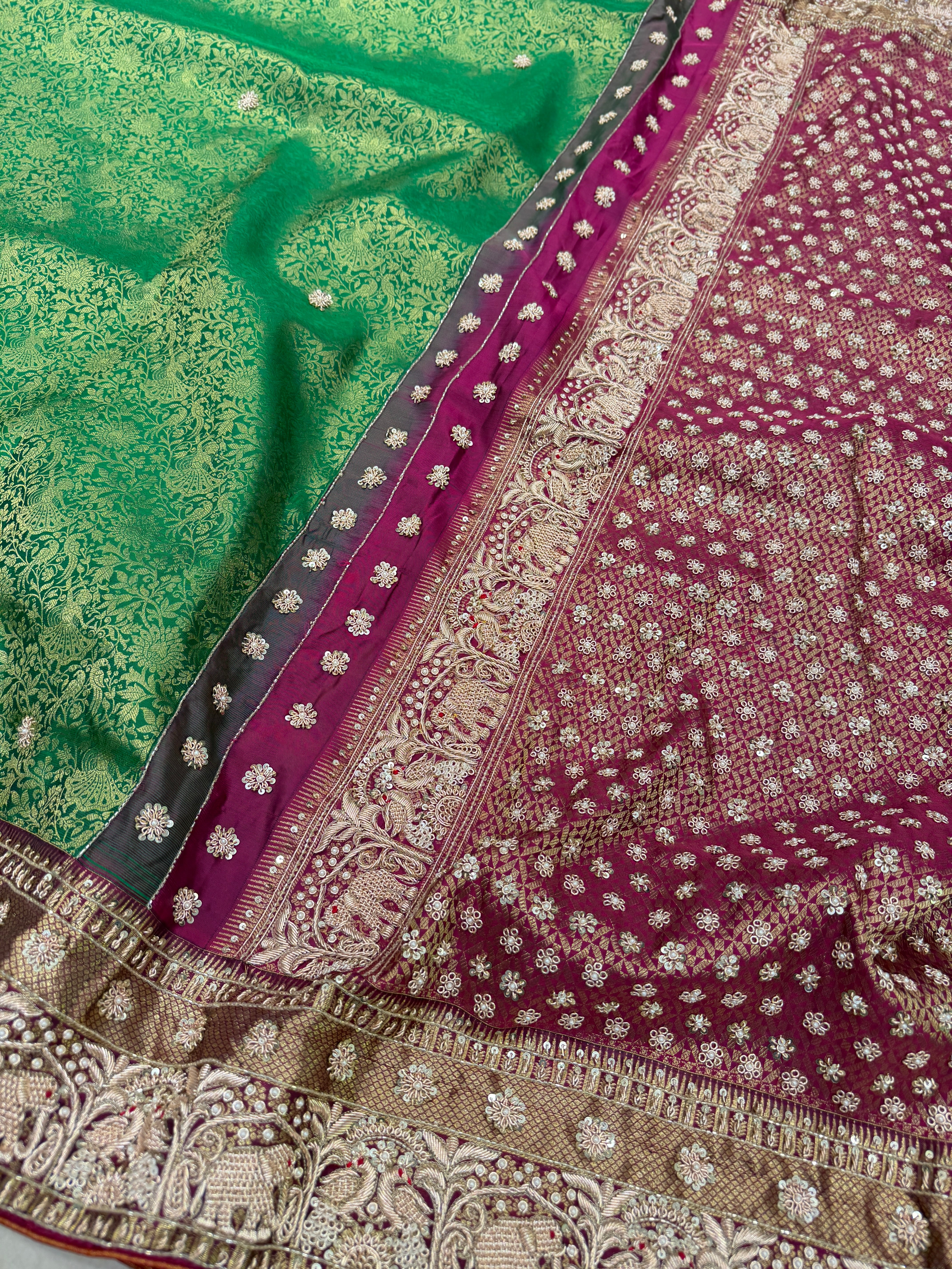Green Purple Kanjivaram Elephant Motifs Zardosi Hand Embroidery Saree