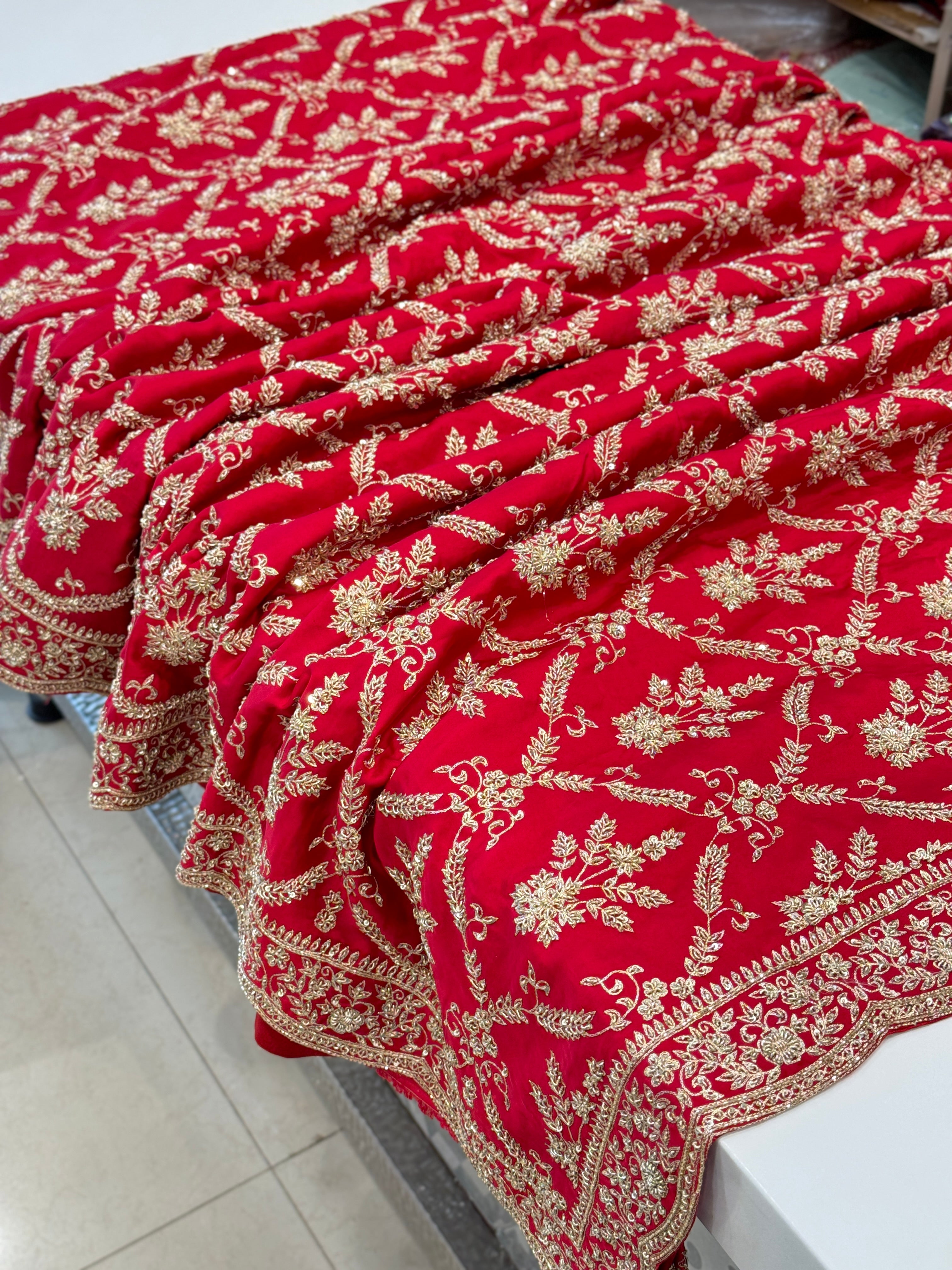 Red Heavy Jaal Satin Hand Embroidery Zardosi Saree