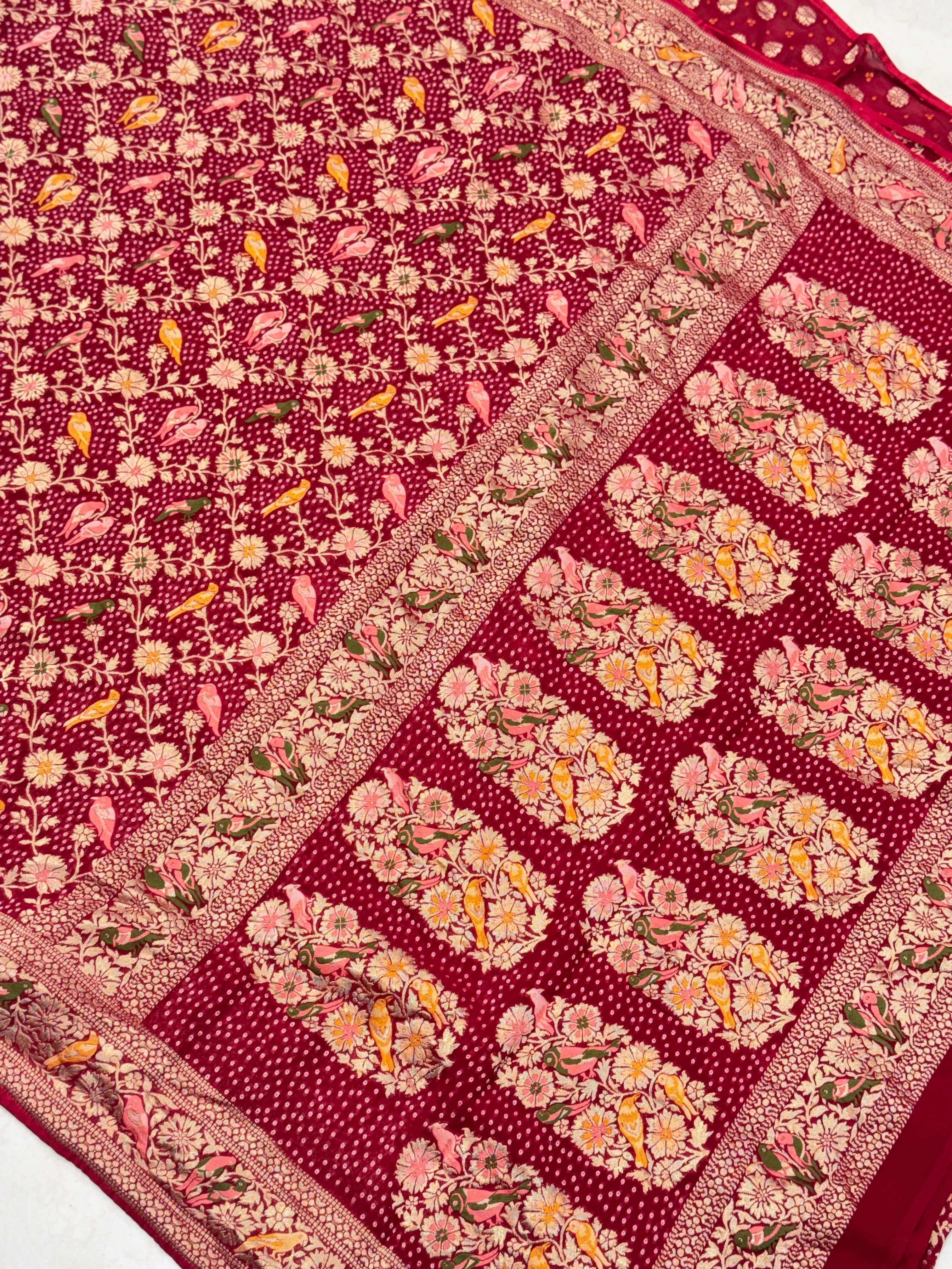 Red Woven Bandhej Meenakari Parrot Motif Saree