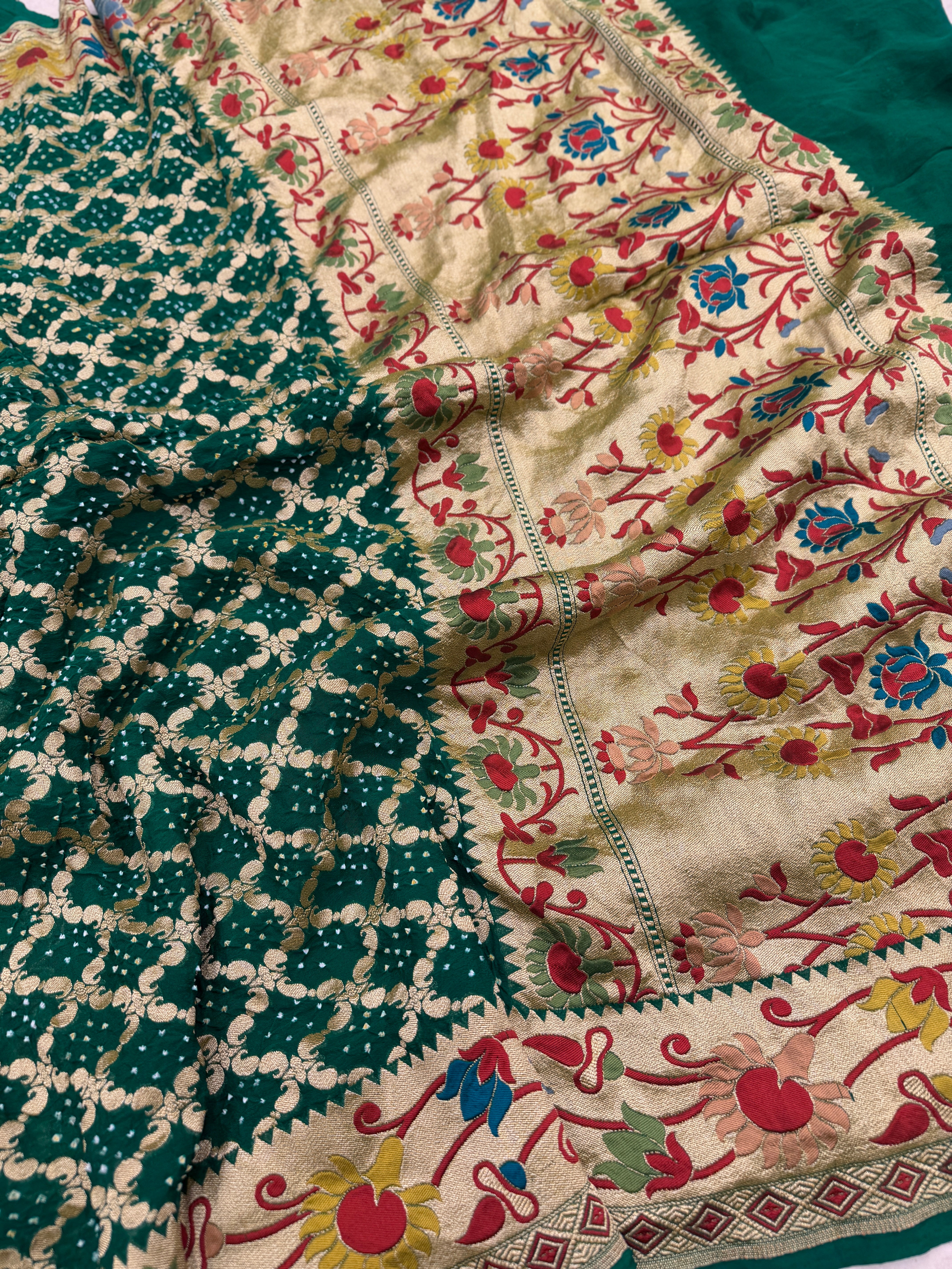 Bottle Green Meenakari Paithani Weaved Pure Handloom Georgette Bandhej Saree