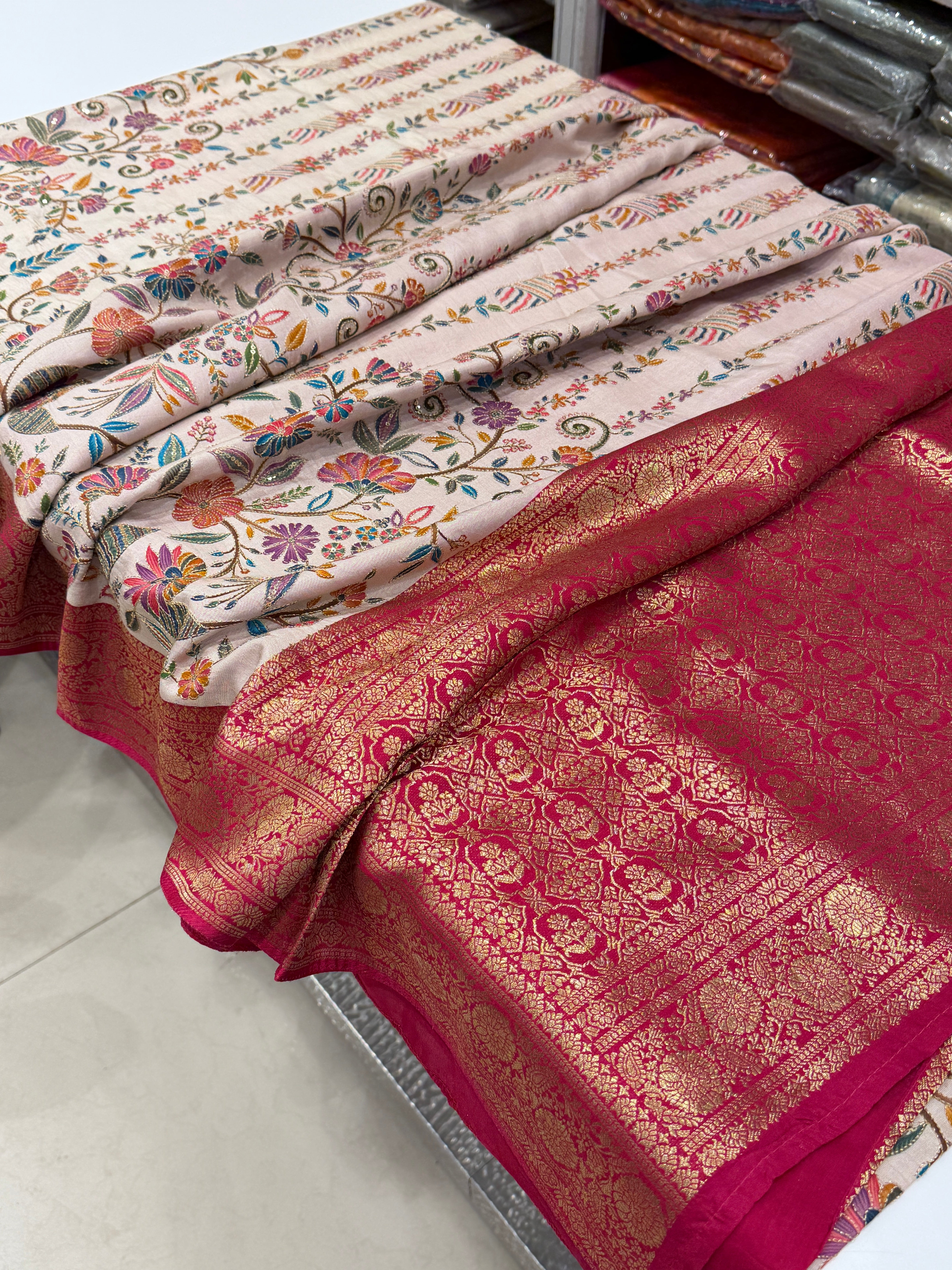 Moti White Contemporary Style Banarasi Munga Pita Embroidery Saree