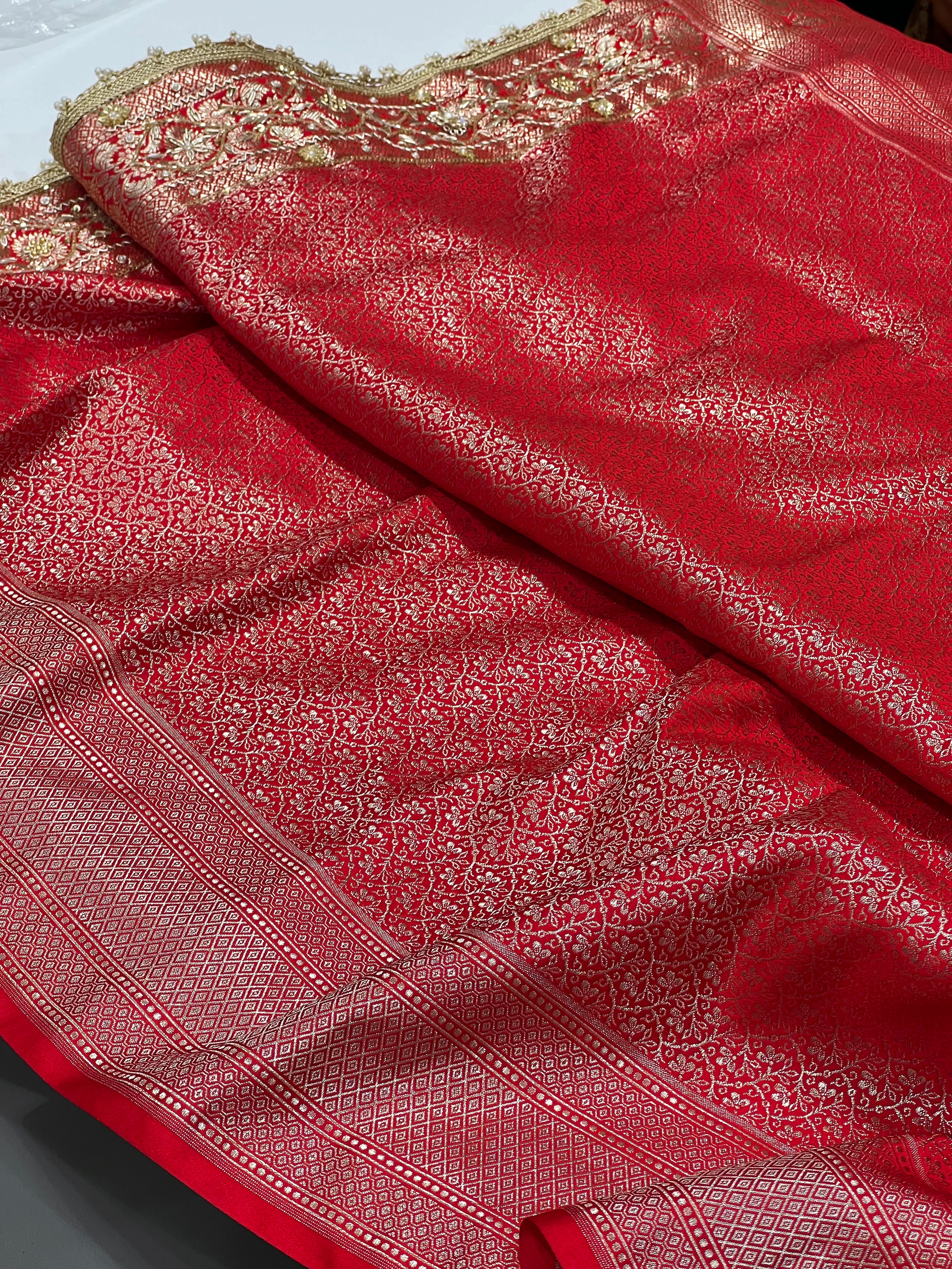 Red Banarasi Jaal Sequin Zardosi Embroidery Saree