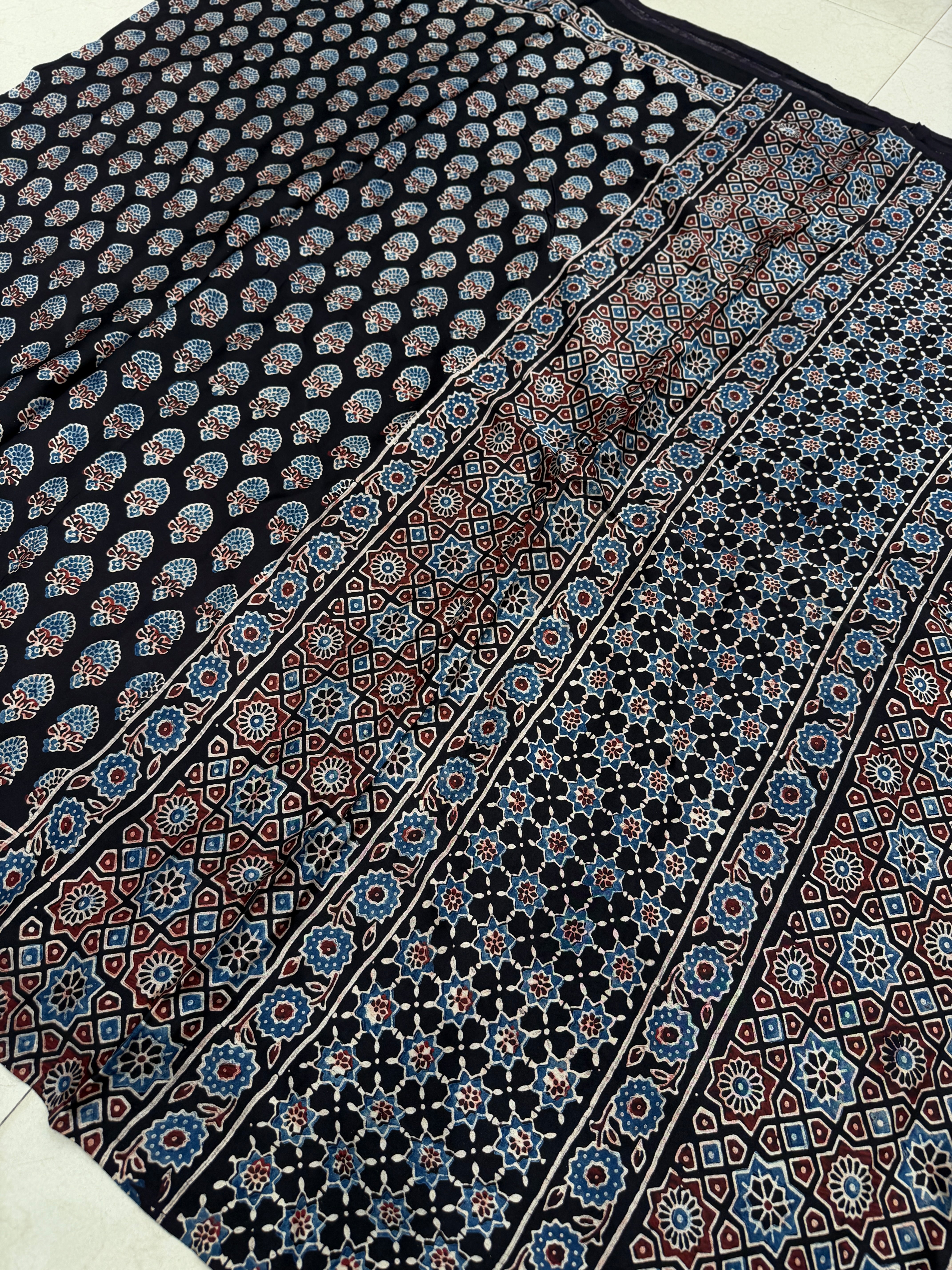 Black Keri Buttis Ajrakh Hand Block Print Pure Gajji Silk Saree