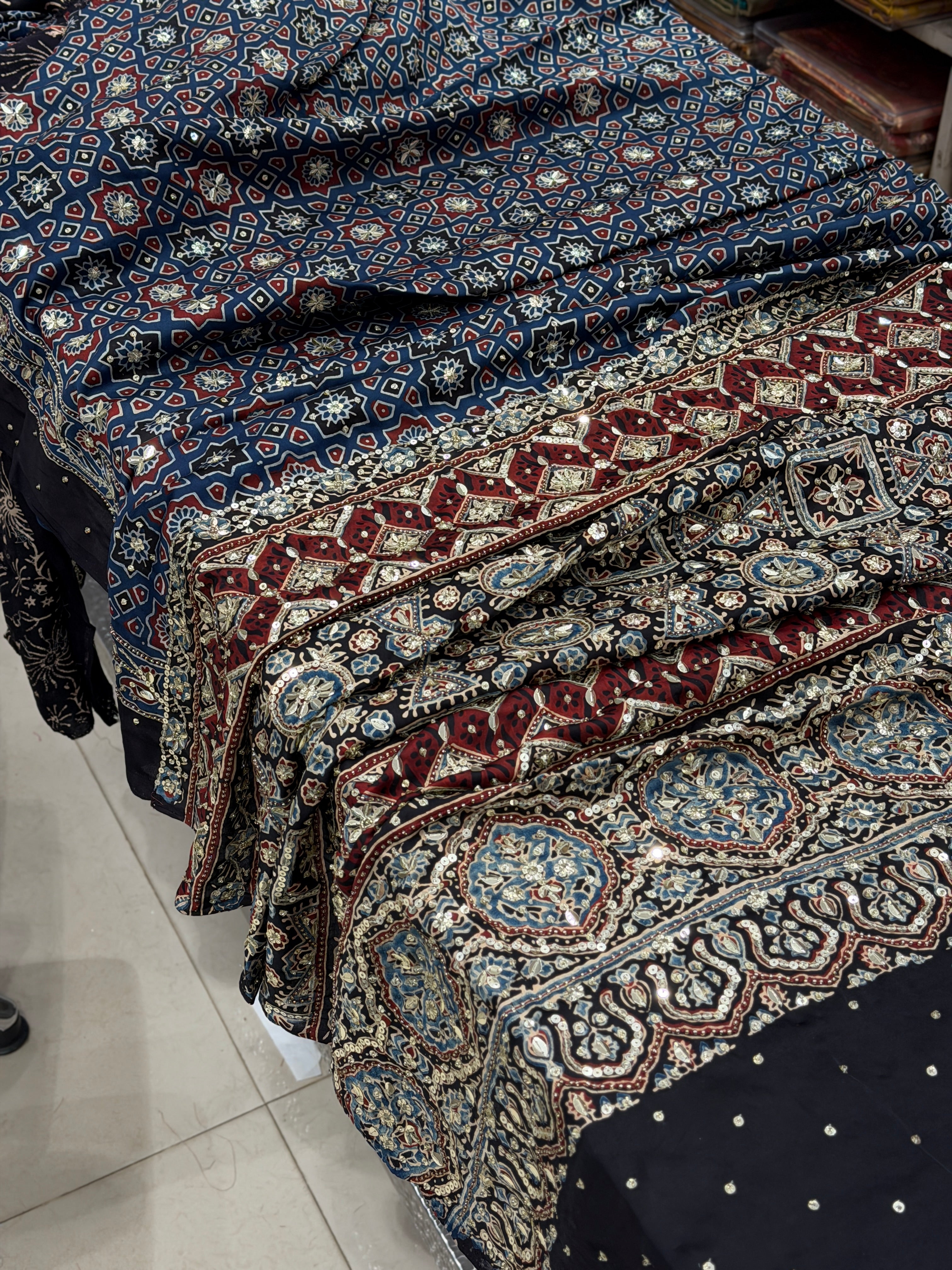 Blue Four Square Moti Sequin Ajrakh Hand Embroidery Saree