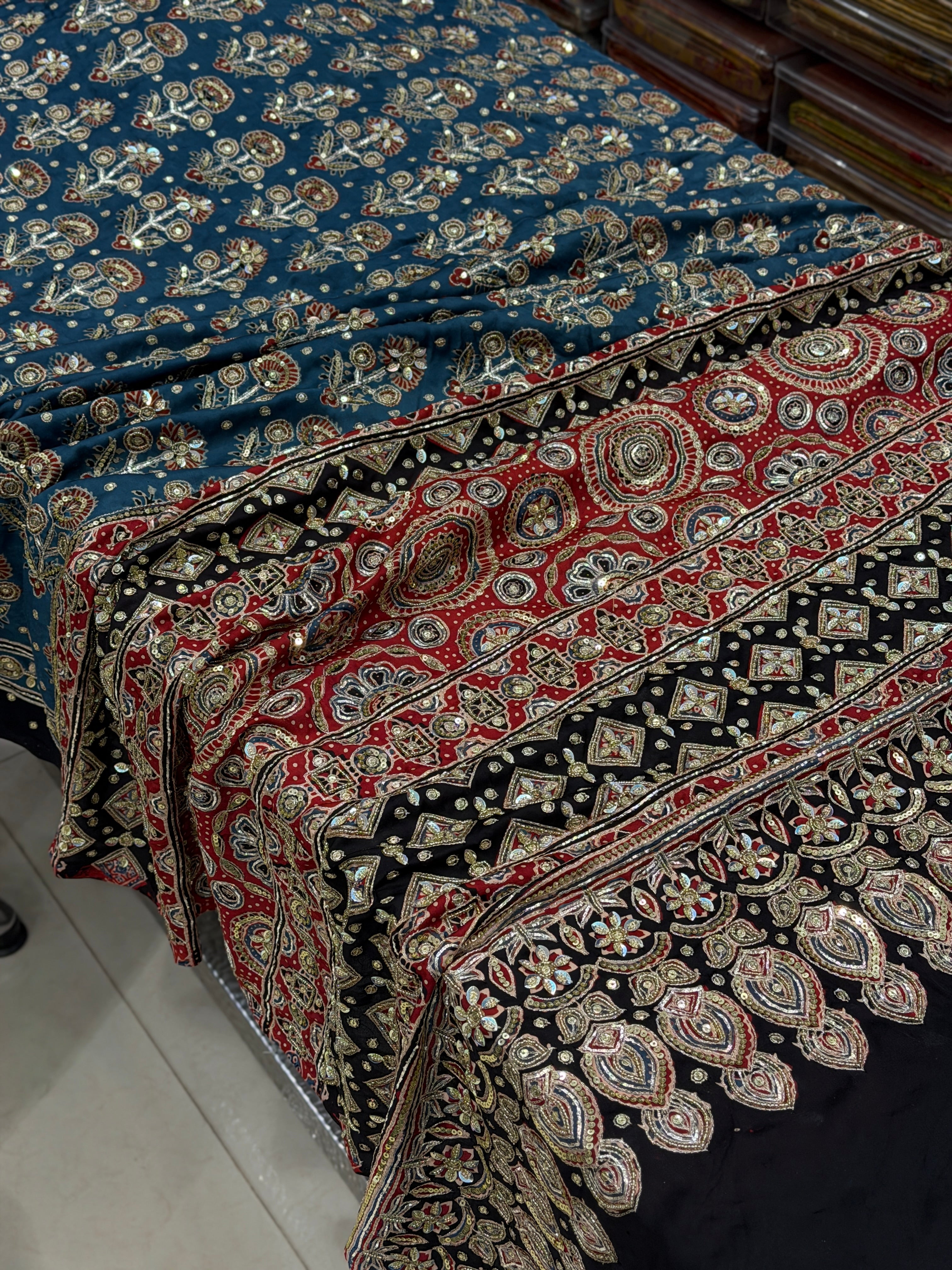 Blue Butta Pita Sequin Ajrakh Hand Embroidery Saree