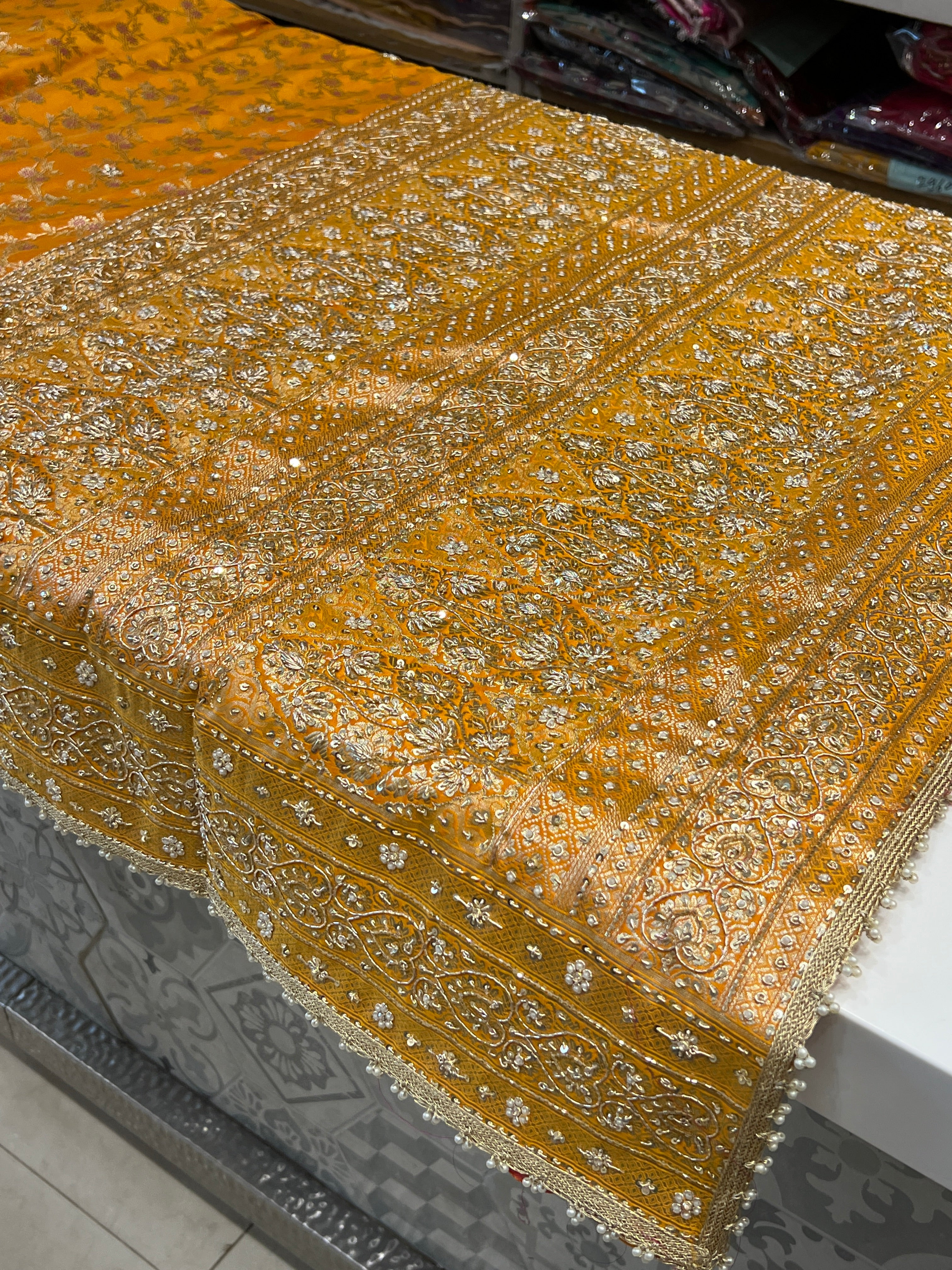 Mango Yellow Banarasi Heart Border Hand Embroidery Saree