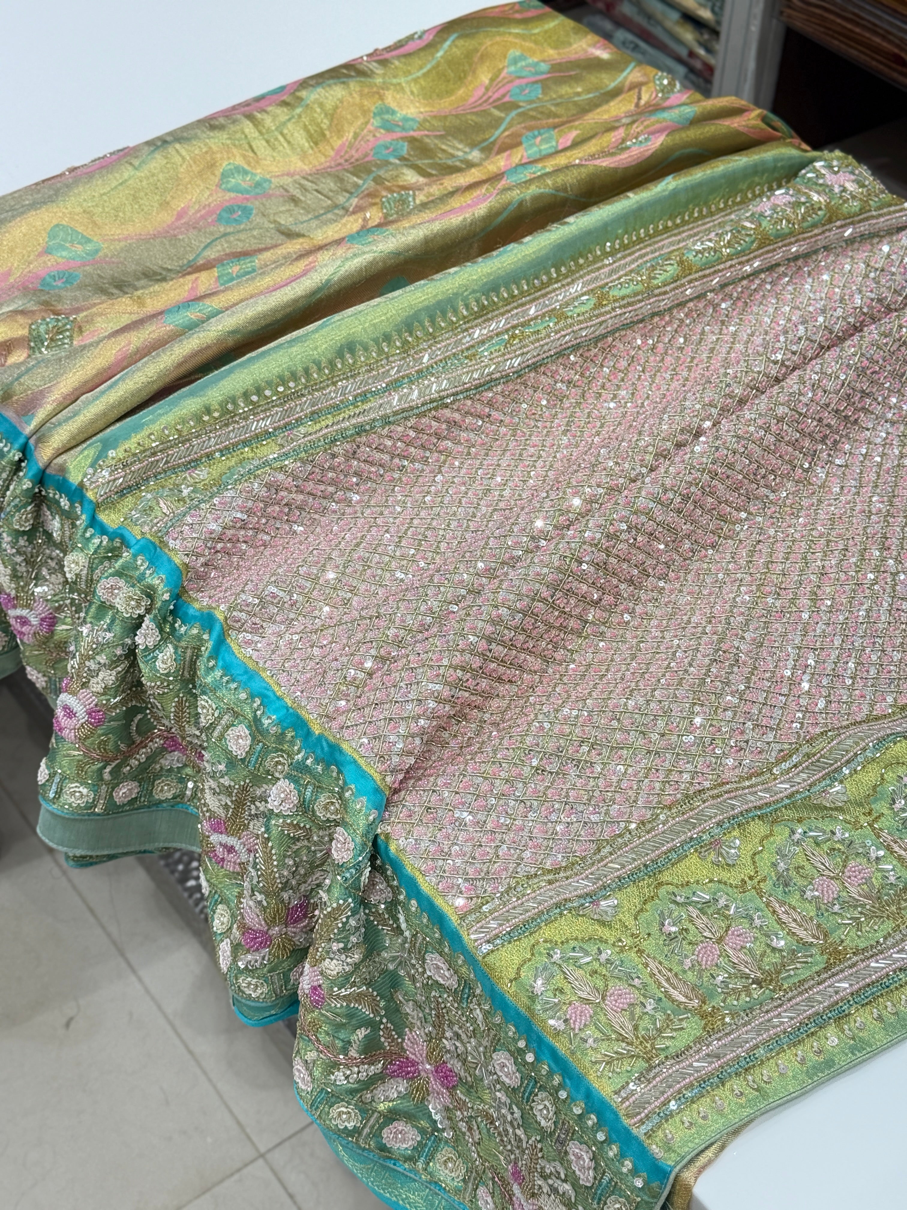 Green Meenakari Tissue Kanjivaram Hand Embroidery Saree